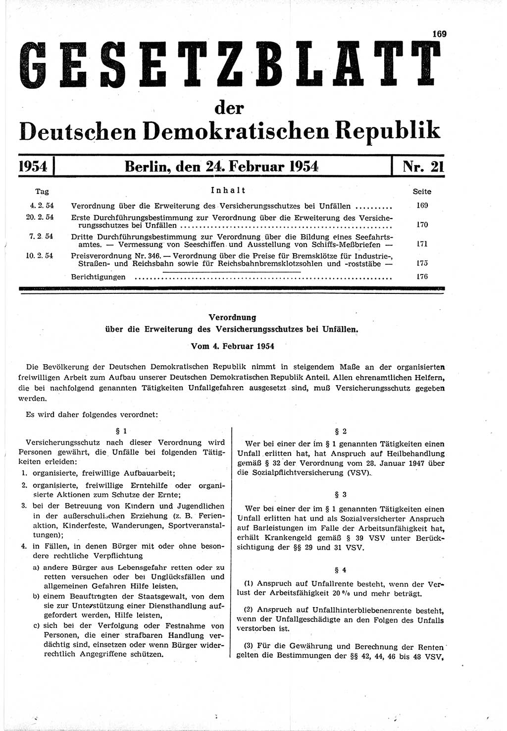 Gesetzblatt (GBl.) der Deutschen Demokratischen Republik (DDR) 1954, Seite 169 (GBl. DDR 1954, S. 169)