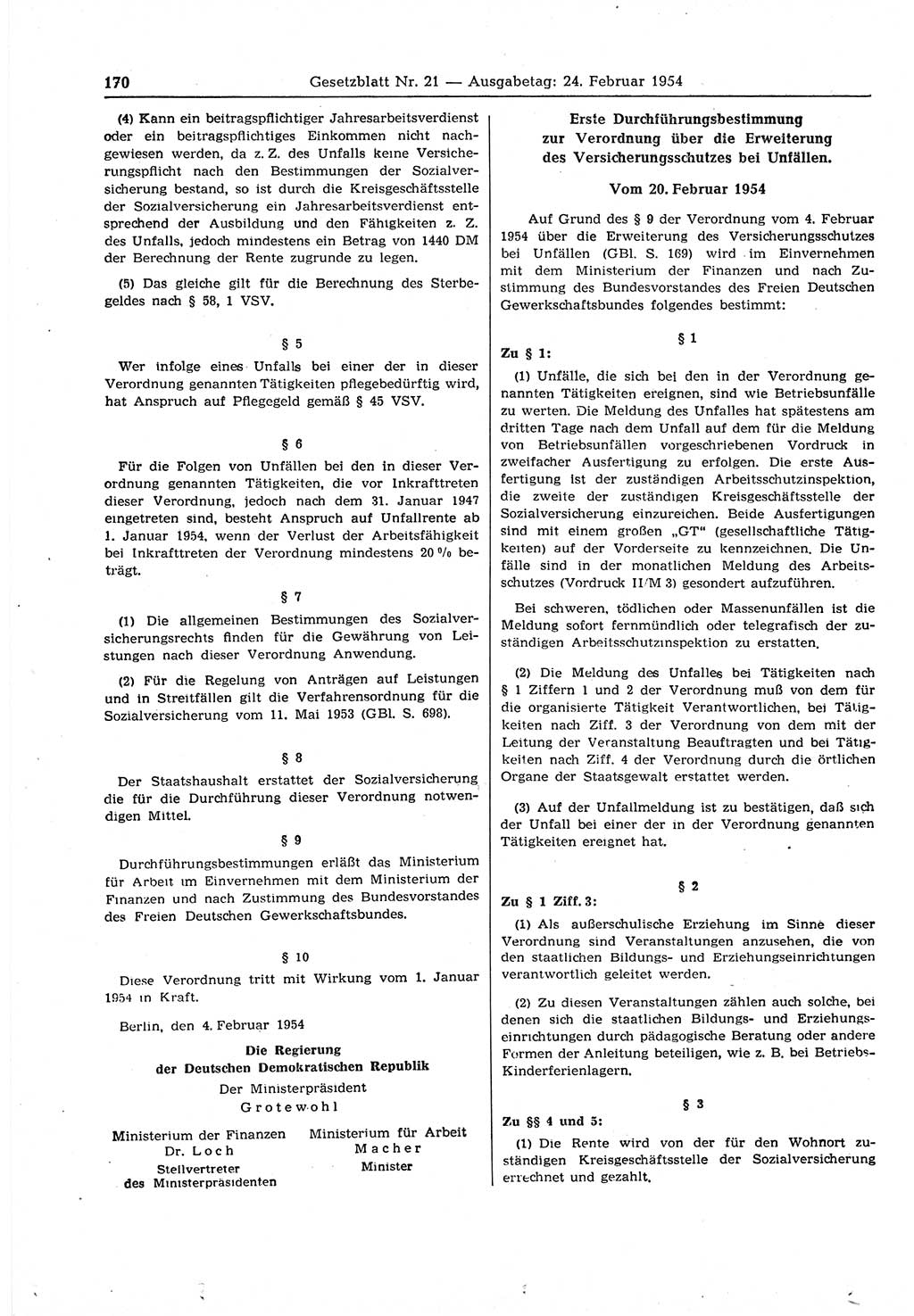 Gesetzblatt (GBl.) der Deutschen Demokratischen Republik (DDR) 1954, Seite 170 (GBl. DDR 1954, S. 170)