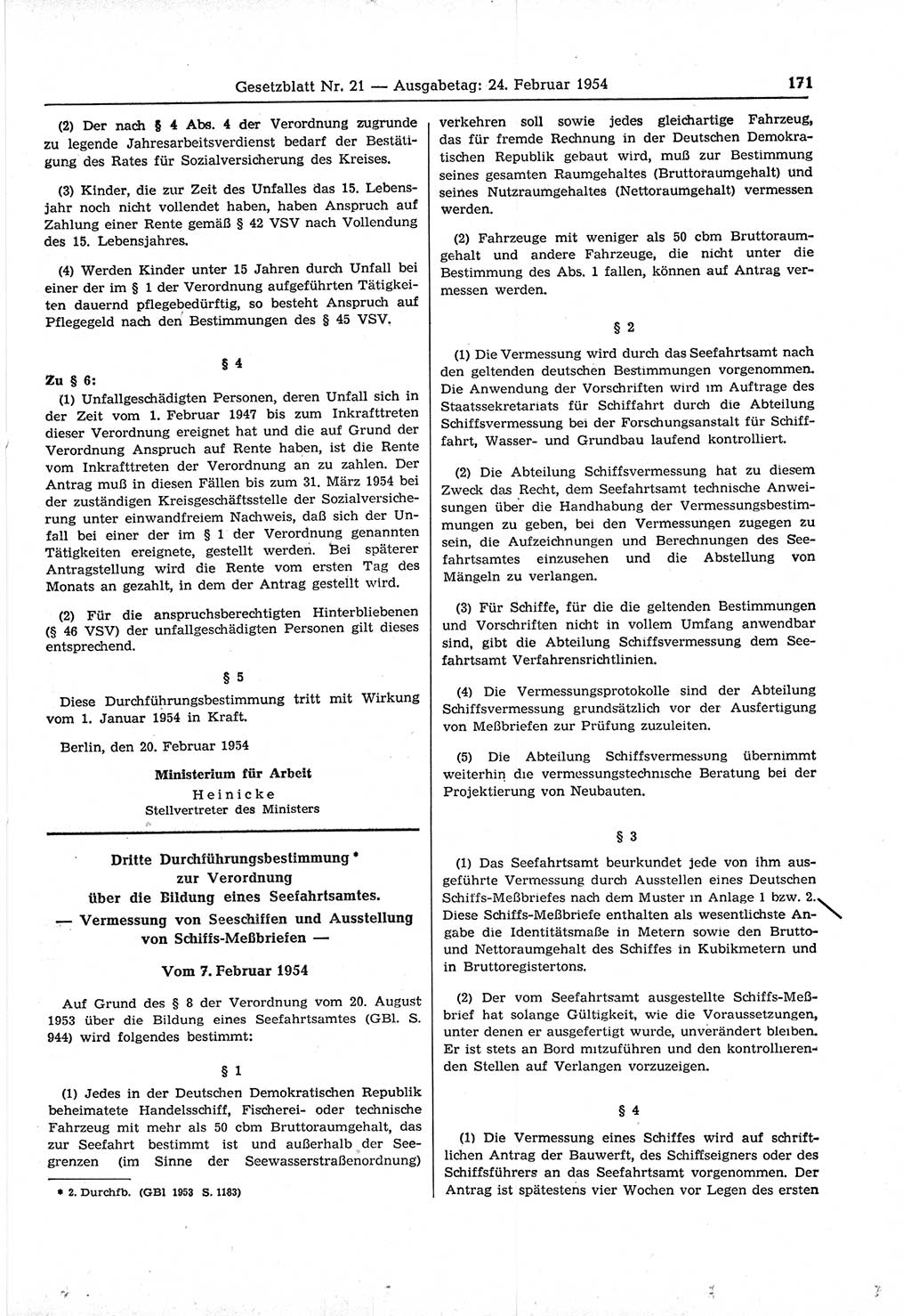 Gesetzblatt (GBl.) der Deutschen Demokratischen Republik (DDR) 1954, Seite 171 (GBl. DDR 1954, S. 171)