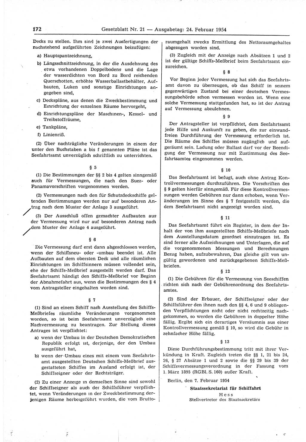 Gesetzblatt (GBl.) der Deutschen Demokratischen Republik (DDR) 1954, Seite 172 (GBl. DDR 1954, S. 172)