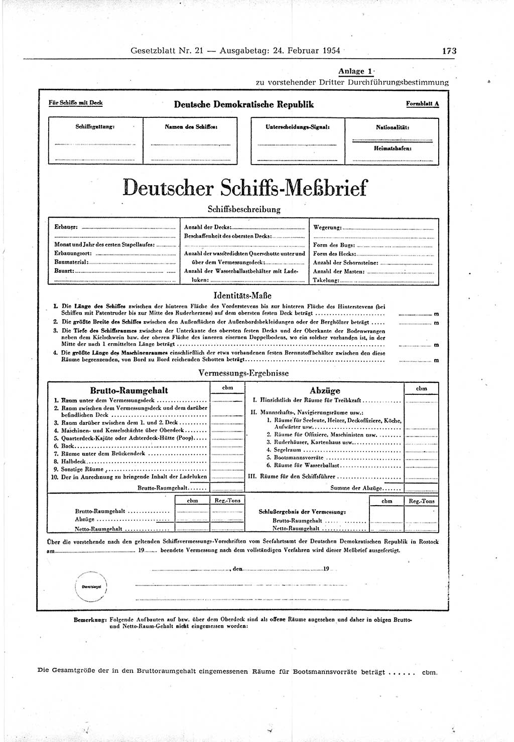 Gesetzblatt (GBl.) der Deutschen Demokratischen Republik (DDR) 1954, Seite 173 (GBl. DDR 1954, S. 173)