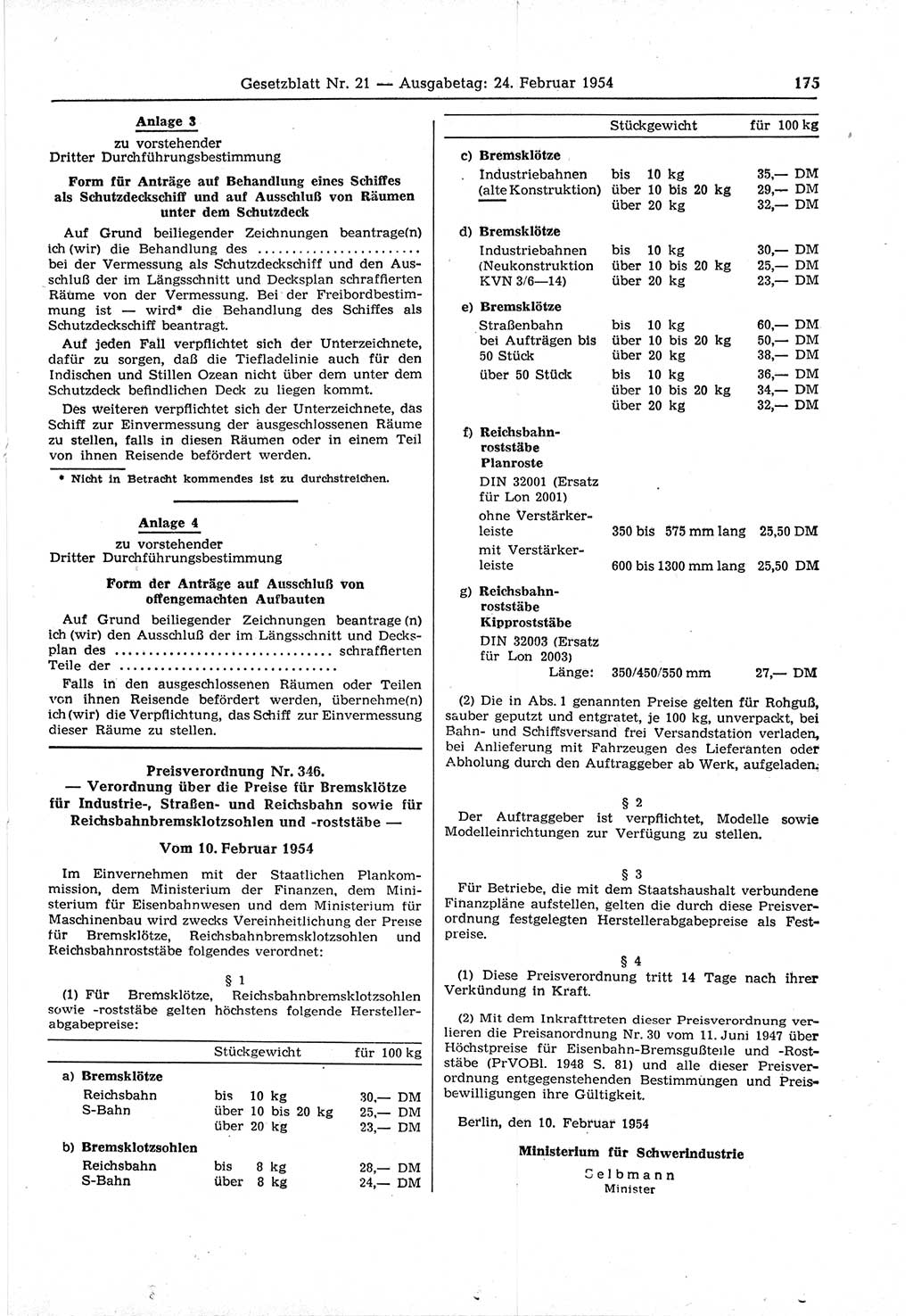 Gesetzblatt (GBl.) der Deutschen Demokratischen Republik (DDR) 1954, Seite 175 (GBl. DDR 1954, S. 175)