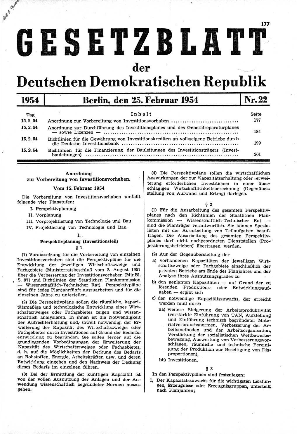 Gesetzblatt (GBl.) der Deutschen Demokratischen Republik (DDR) 1954, Seite 177 (GBl. DDR 1954, S. 177)