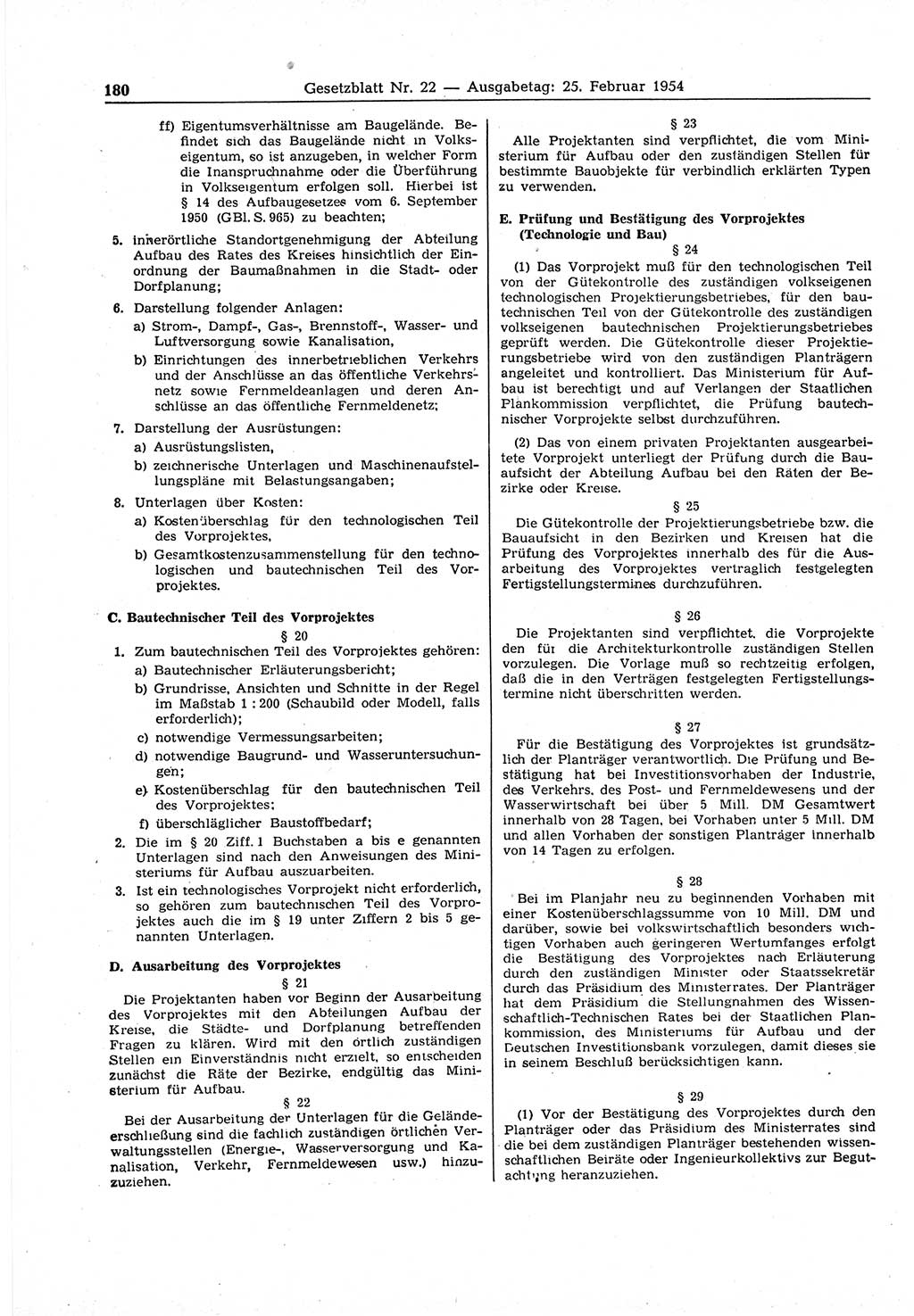 Gesetzblatt (GBl.) der Deutschen Demokratischen Republik (DDR) 1954, Seite 180 (GBl. DDR 1954, S. 180)
