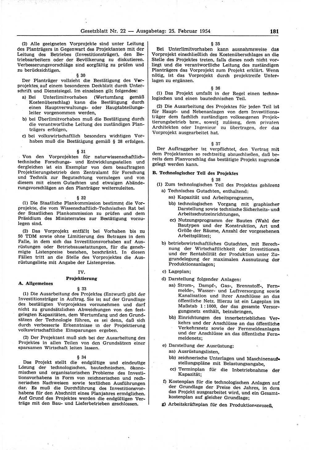 Gesetzblatt (GBl.) der Deutschen Demokratischen Republik (DDR) 1954, Seite 181 (GBl. DDR 1954, S. 181)
