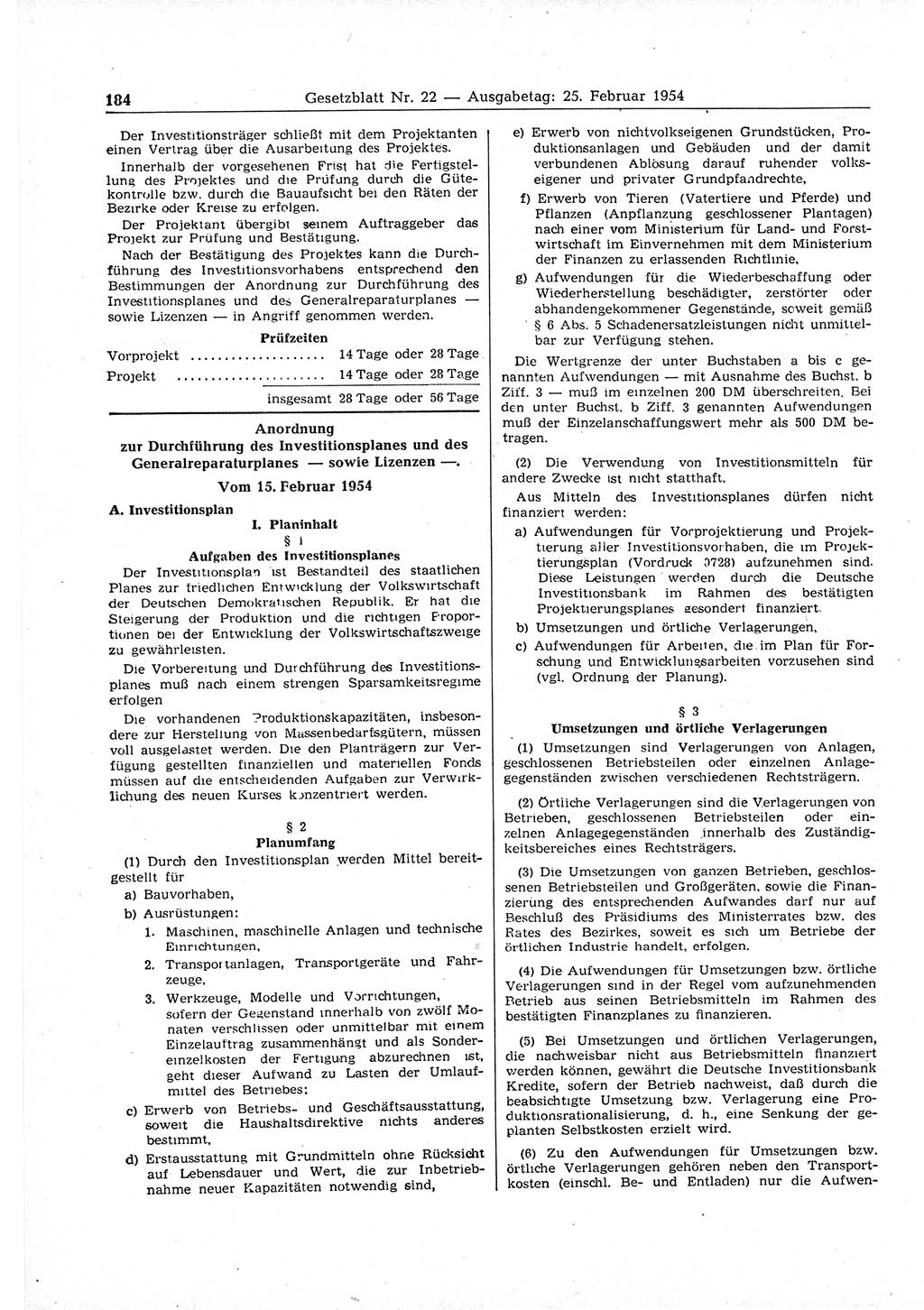 Gesetzblatt (GBl.) der Deutschen Demokratischen Republik (DDR) 1954, Seite 184 (GBl. DDR 1954, S. 184)