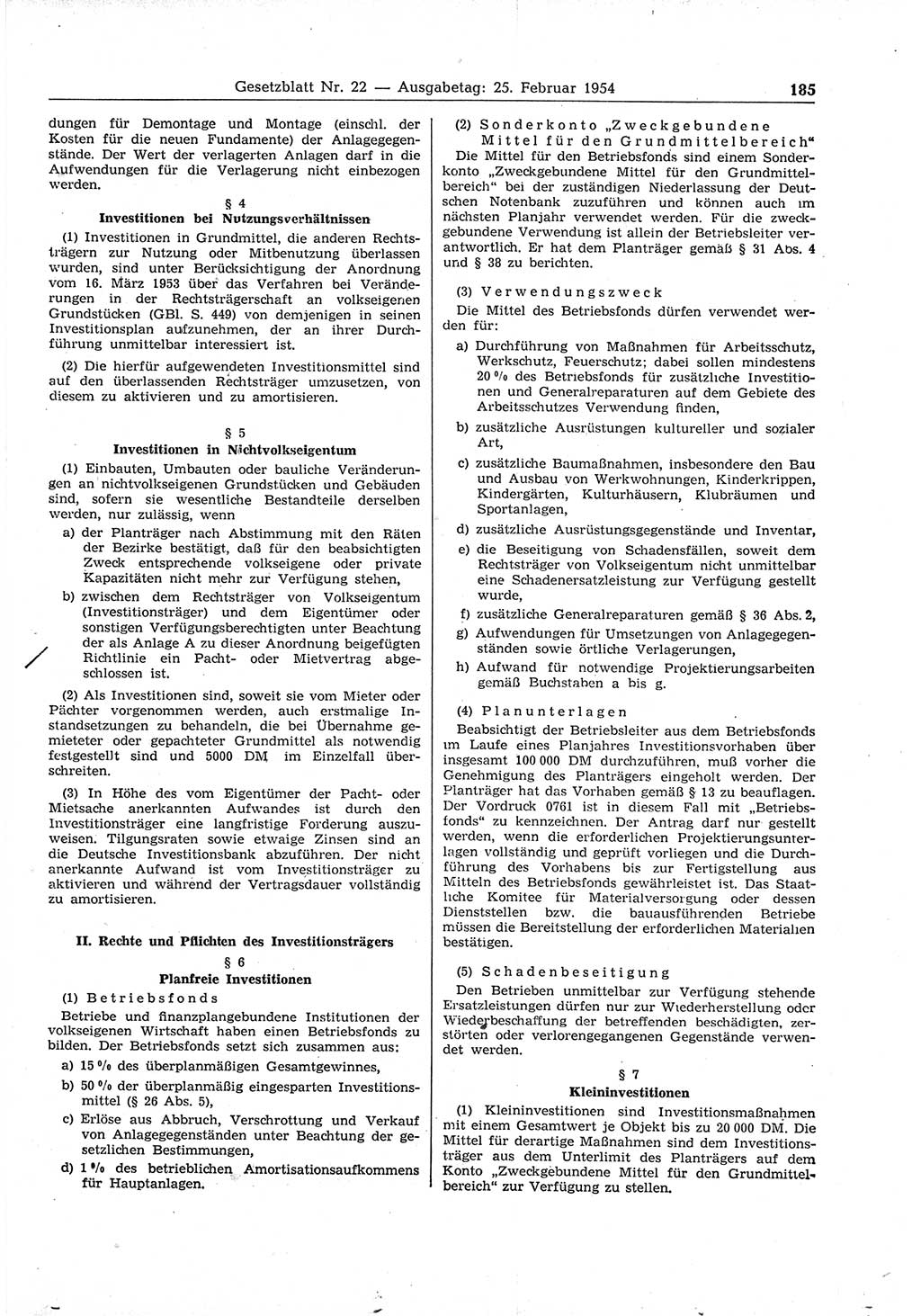 Gesetzblatt (GBl.) der Deutschen Demokratischen Republik (DDR) 1954, Seite 185 (GBl. DDR 1954, S. 185)