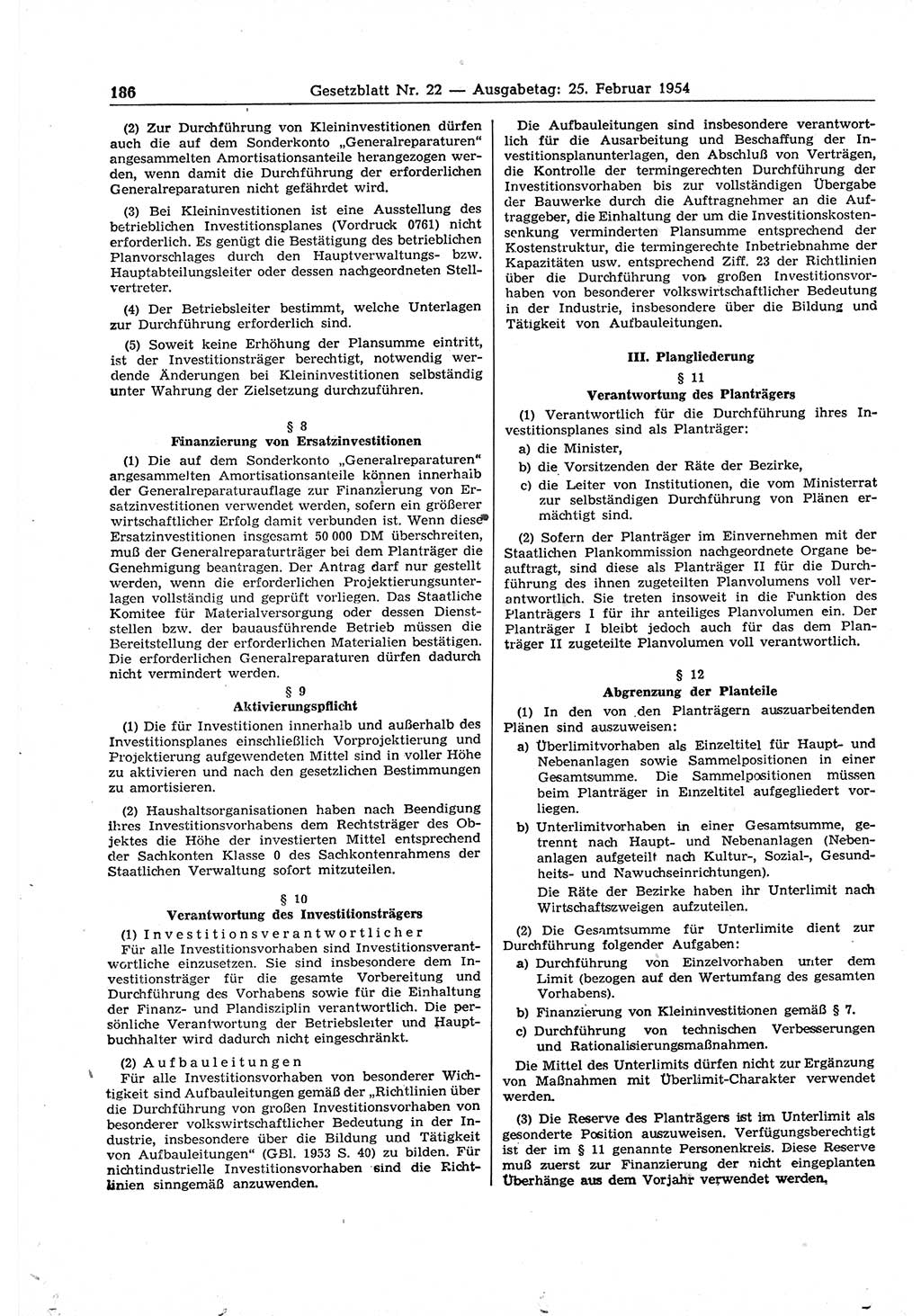 Gesetzblatt (GBl.) der Deutschen Demokratischen Republik (DDR) 1954, Seite 186 (GBl. DDR 1954, S. 186)