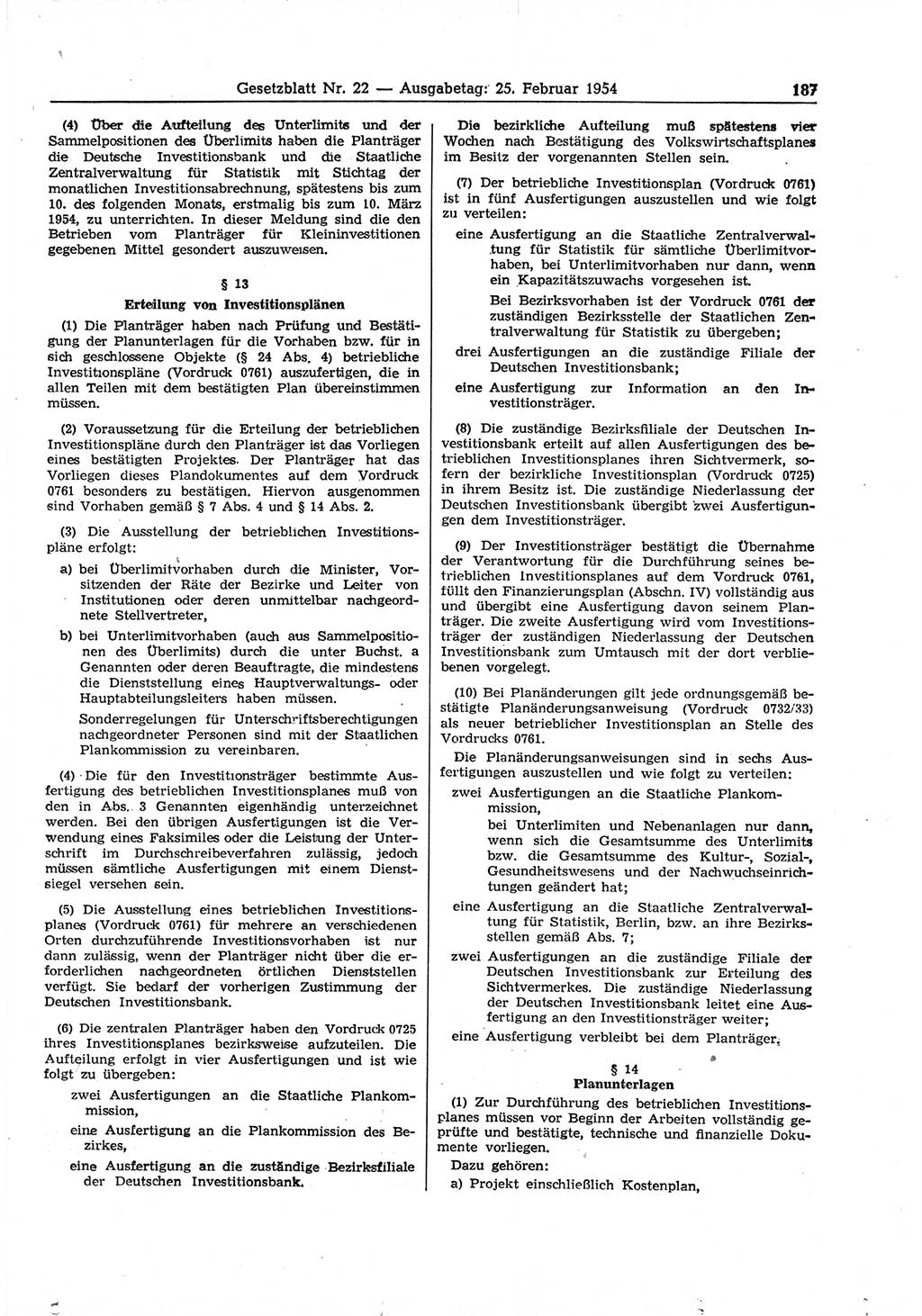 Gesetzblatt (GBl.) der Deutschen Demokratischen Republik (DDR) 1954, Seite 187 (GBl. DDR 1954, S. 187)