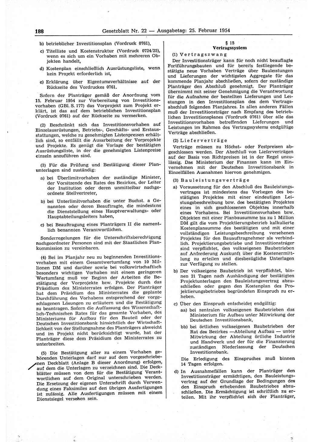 Gesetzblatt (GBl.) der Deutschen Demokratischen Republik (DDR) 1954, Seite 188 (GBl. DDR 1954, S. 188)