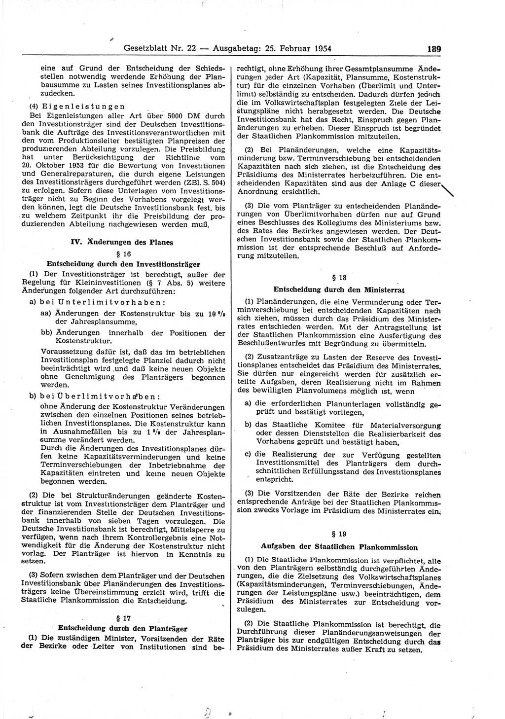 Gesetzblatt (GBl.) der Deutschen Demokratischen Republik (DDR) 1954, Seite 189 (GBl. DDR 1954, S. 189)