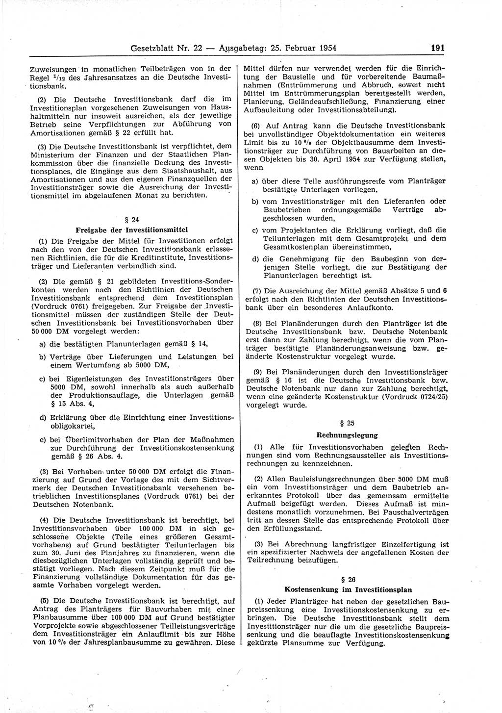 Gesetzblatt (GBl.) der Deutschen Demokratischen Republik (DDR) 1954, Seite 191 (GBl. DDR 1954, S. 191)