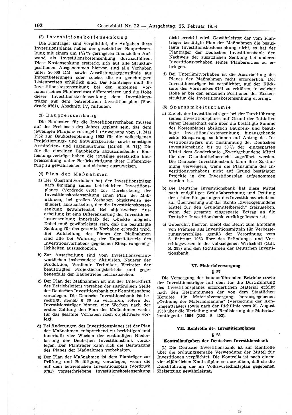 Gesetzblatt (GBl.) der Deutschen Demokratischen Republik (DDR) 1954, Seite 192 (GBl. DDR 1954, S. 192)