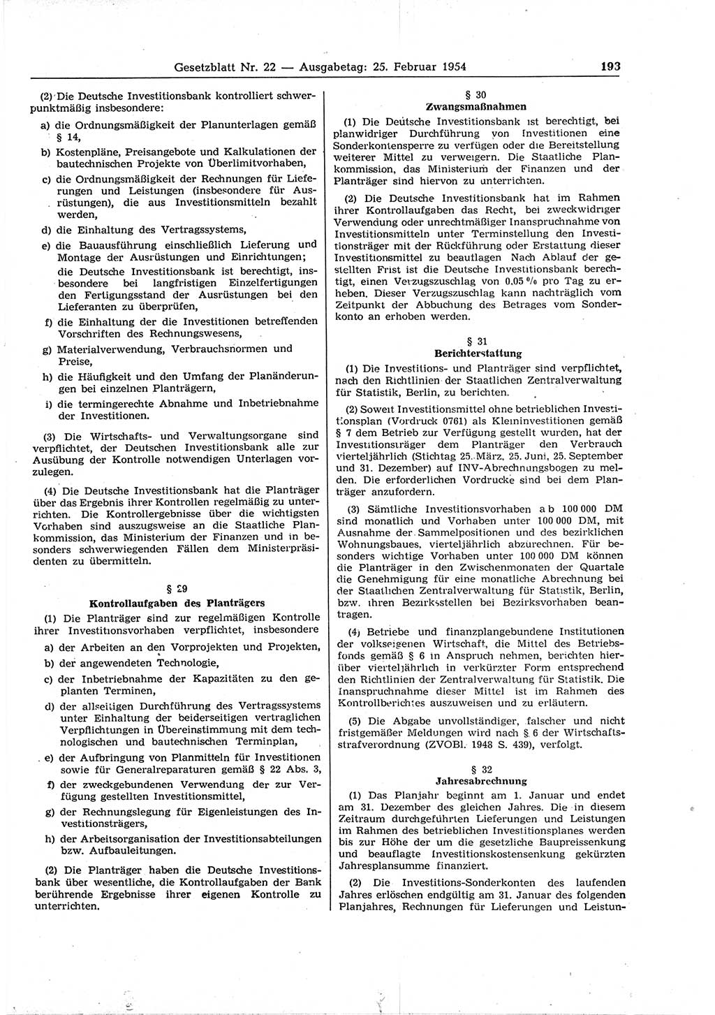 Gesetzblatt (GBl.) der Deutschen Demokratischen Republik (DDR) 1954, Seite 193 (GBl. DDR 1954, S. 193)