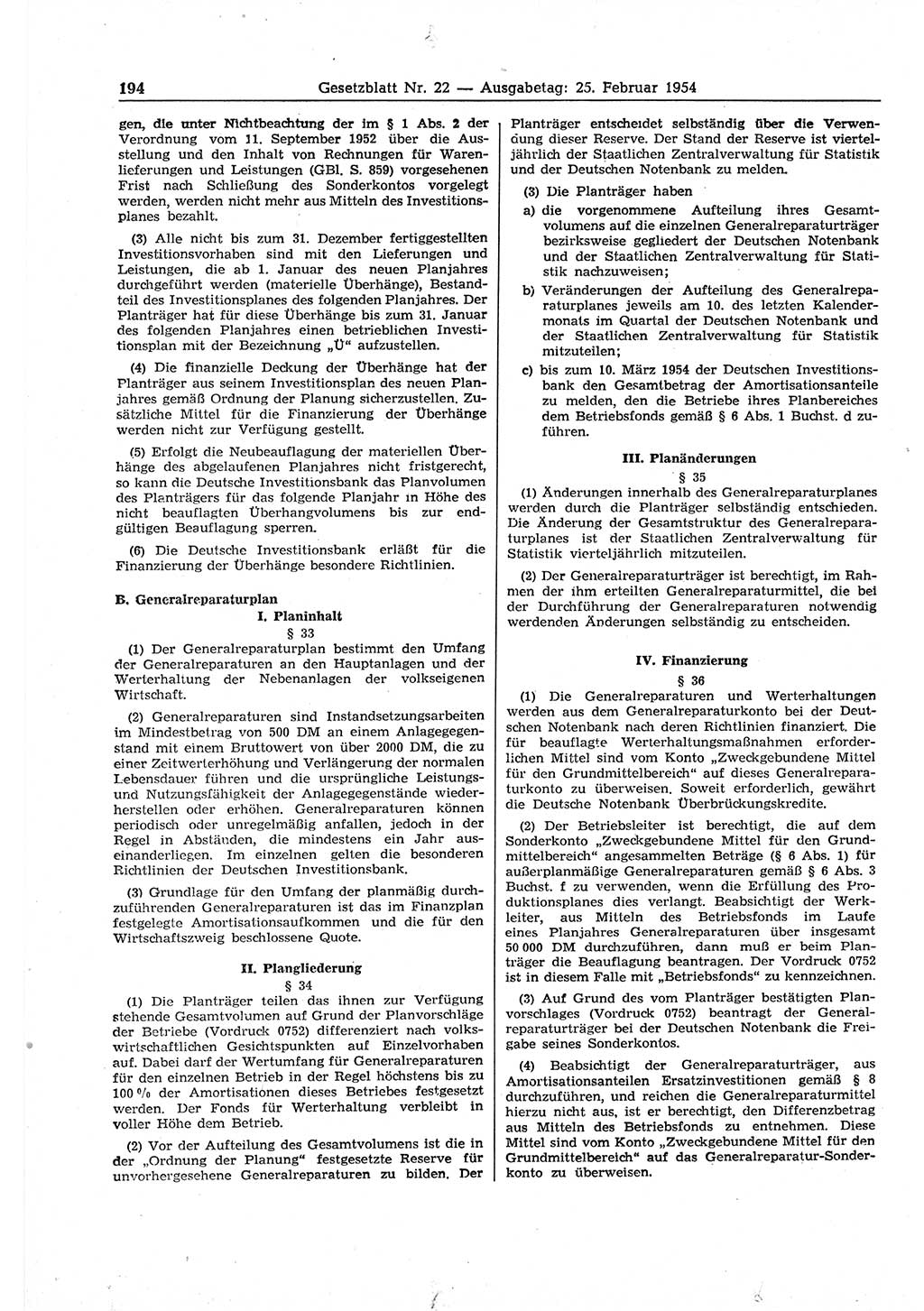 Gesetzblatt (GBl.) der Deutschen Demokratischen Republik (DDR) 1954, Seite 194 (GBl. DDR 1954, S. 194)