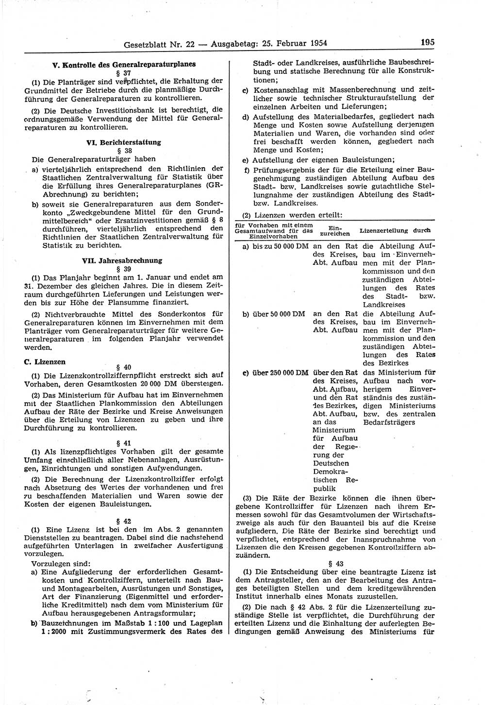 Gesetzblatt (GBl.) der Deutschen Demokratischen Republik (DDR) 1954, Seite 195 (GBl. DDR 1954, S. 195)