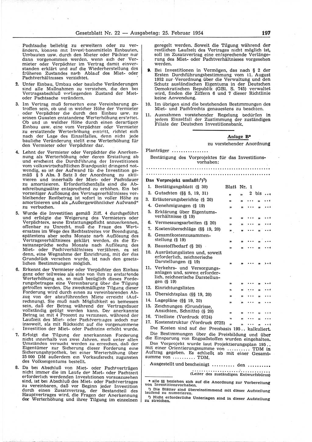 Gesetzblatt (GBl.) der Deutschen Demokratischen Republik (DDR) 1954, Seite 197 (GBl. DDR 1954, S. 197)