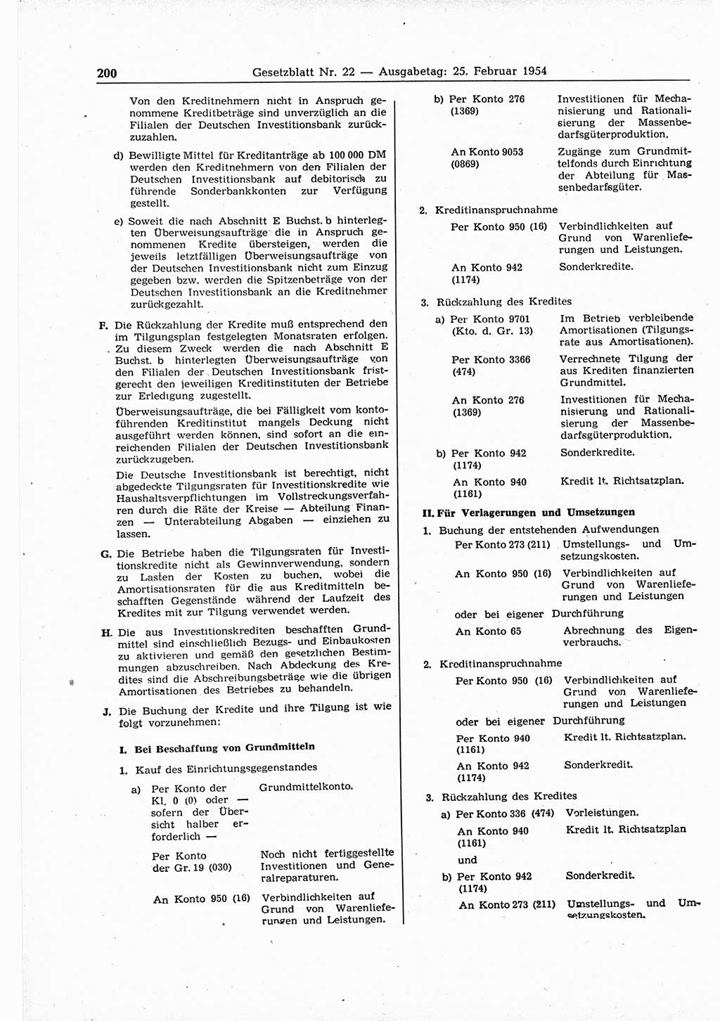Gesetzblatt (GBl.) der Deutschen Demokratischen Republik (DDR) 1954, Seite 200 (GBl. DDR 1954, S. 200)