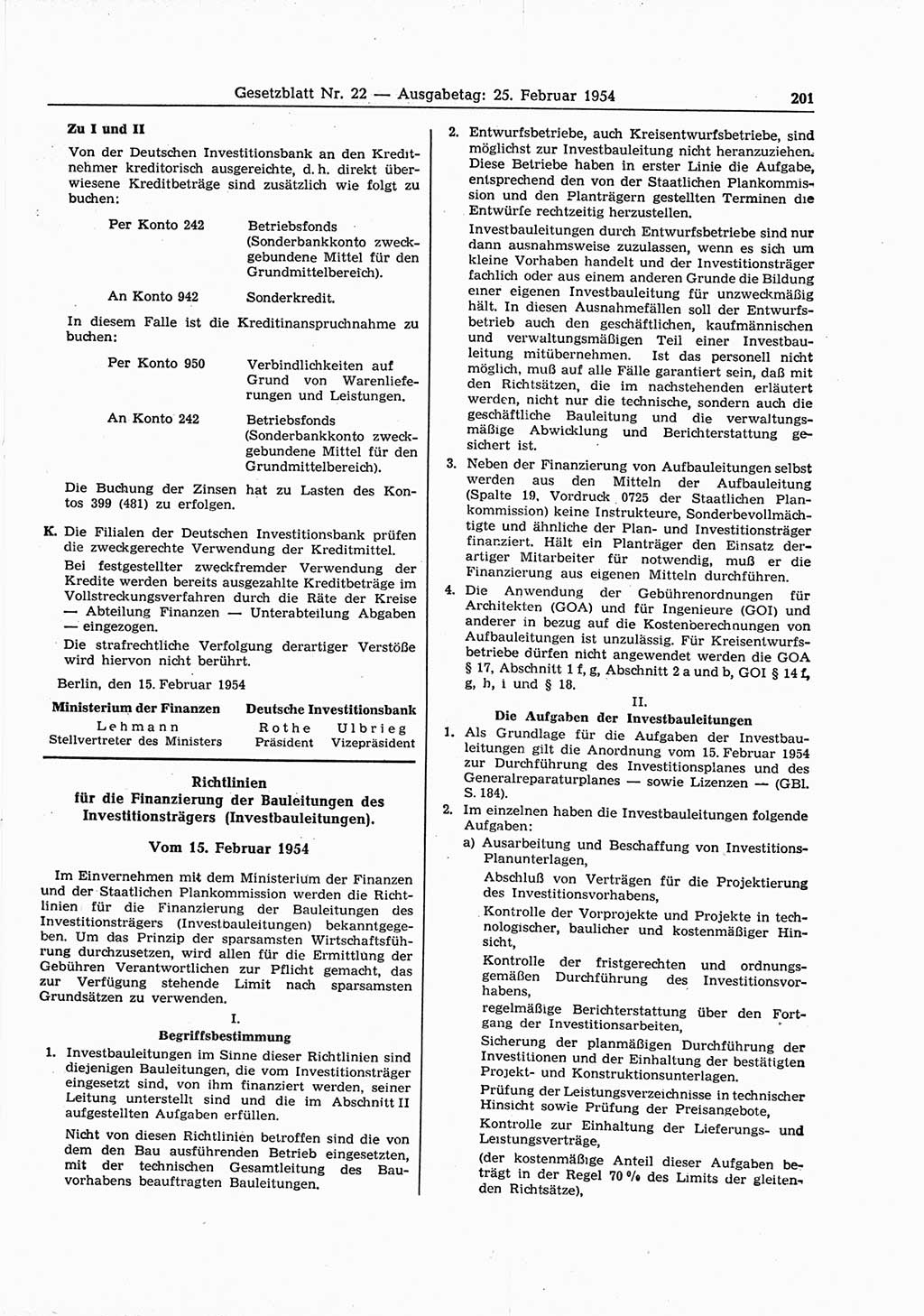 Gesetzblatt (GBl.) der Deutschen Demokratischen Republik (DDR) 1954, Seite 201 (GBl. DDR 1954, S. 201)