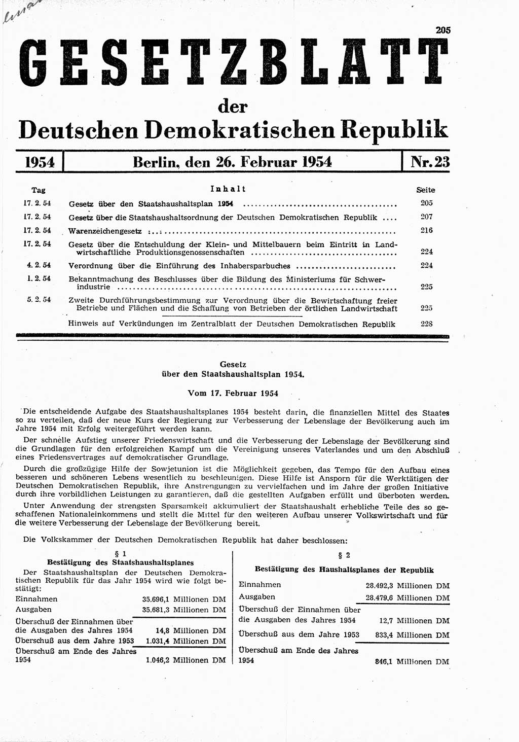 Gesetzblatt (GBl.) der Deutschen Demokratischen Republik (DDR) 1954, Seite 205 (GBl. DDR 1954, S. 205)