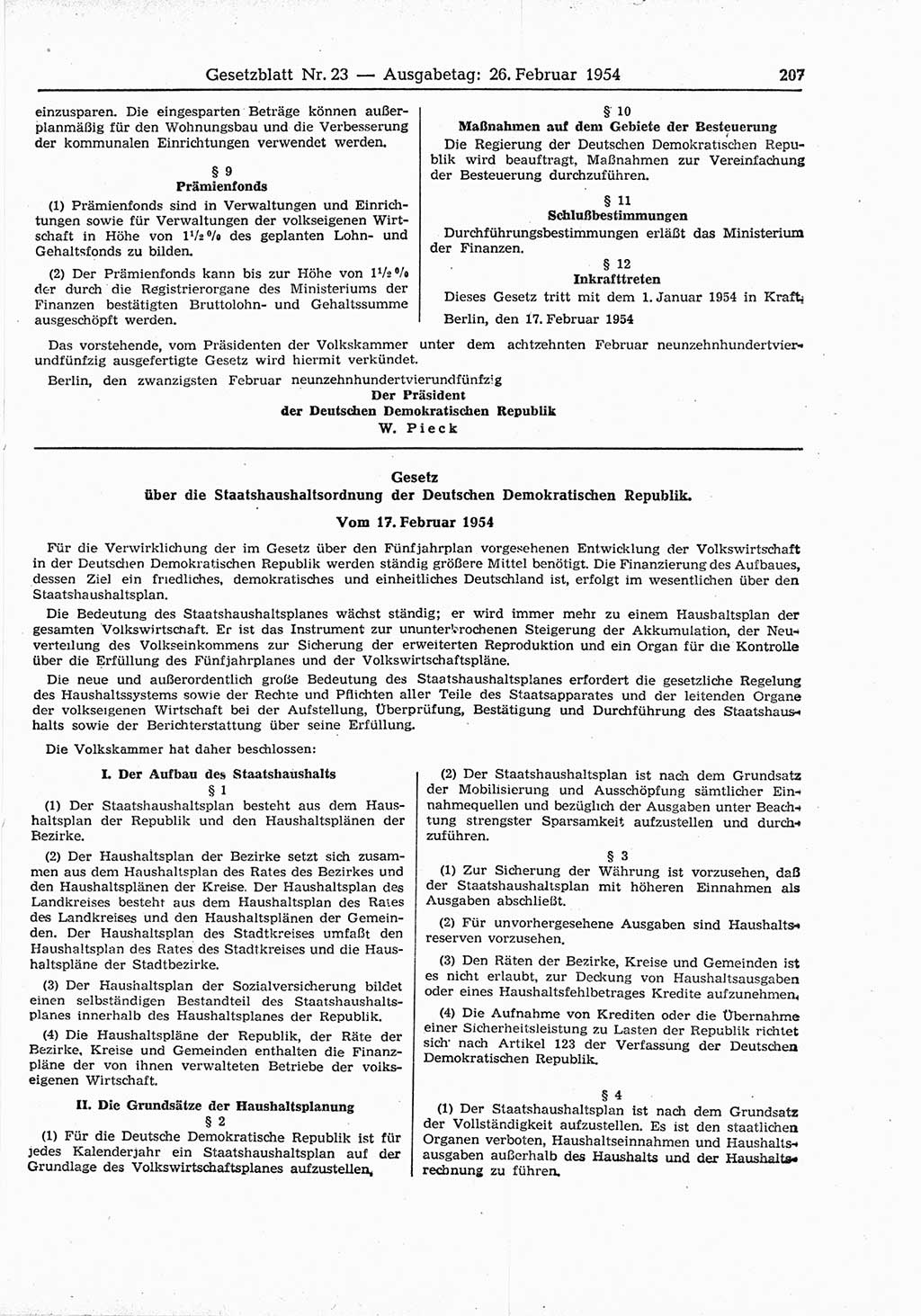 Gesetzblatt (GBl.) der Deutschen Demokratischen Republik (DDR) 1954, Seite 207 (GBl. DDR 1954, S. 207)