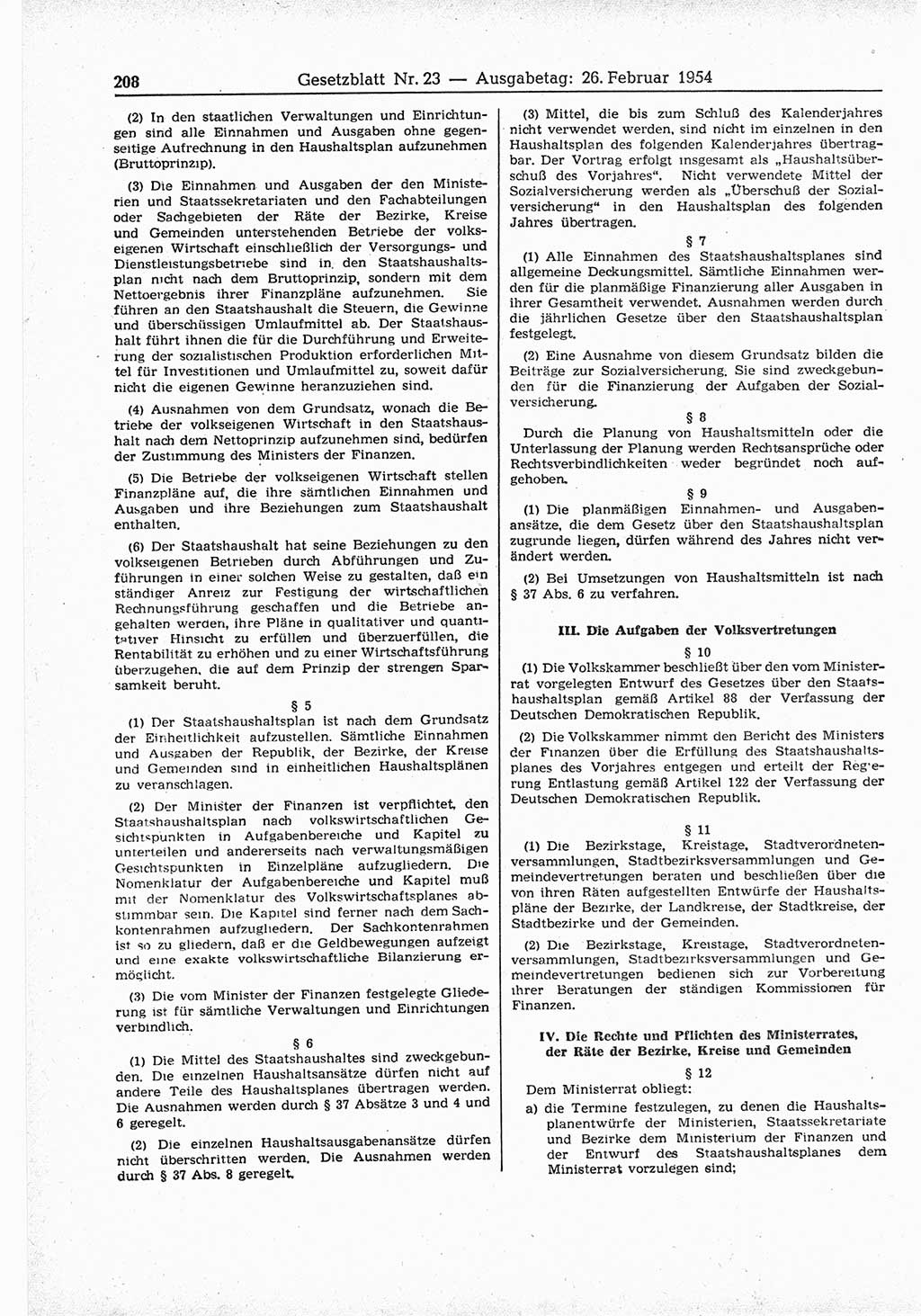 Gesetzblatt (GBl.) der Deutschen Demokratischen Republik (DDR) 1954, Seite 208 (GBl. DDR 1954, S. 208)
