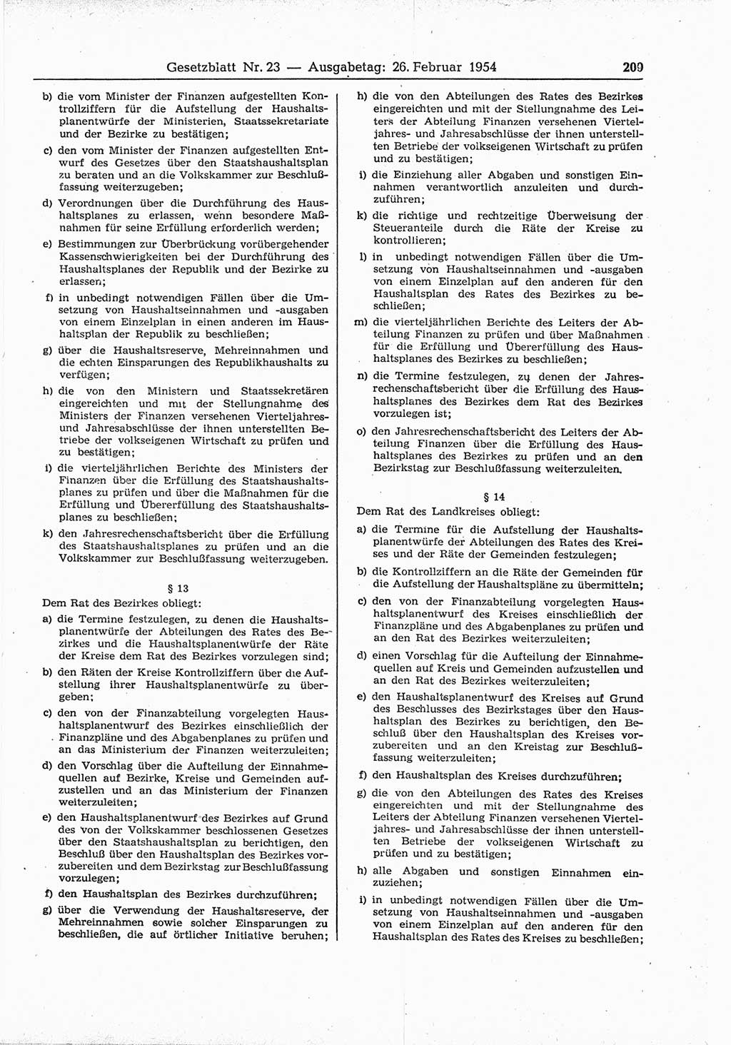 Gesetzblatt (GBl.) der Deutschen Demokratischen Republik (DDR) 1954, Seite 209 (GBl. DDR 1954, S. 209)