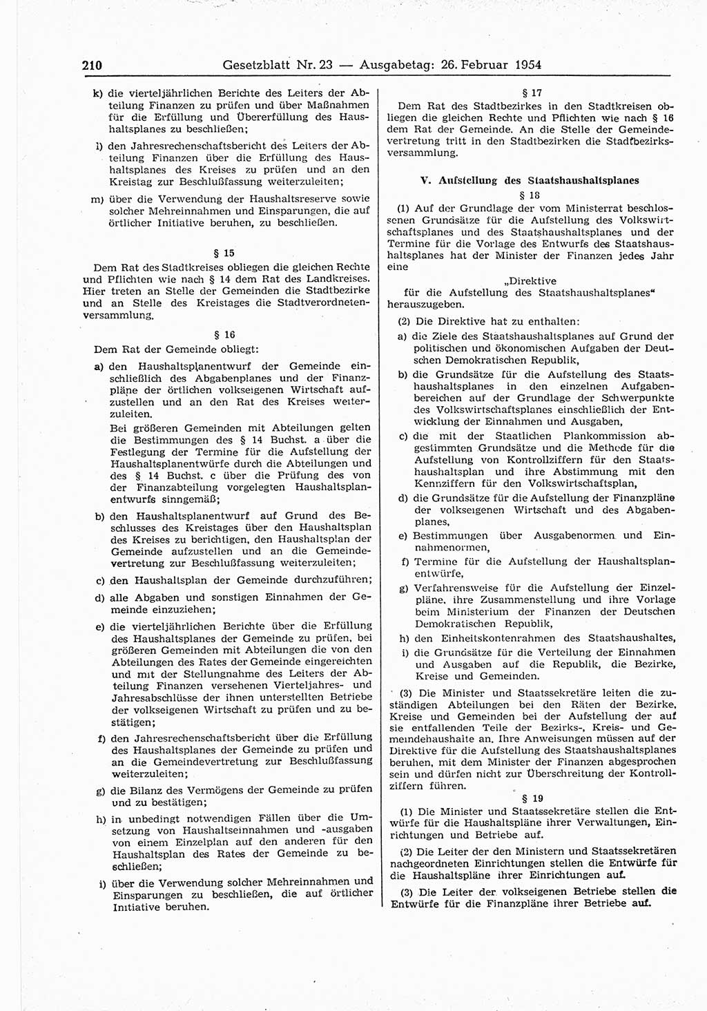 Gesetzblatt (GBl.) der Deutschen Demokratischen Republik (DDR) 1954, Seite 210 (GBl. DDR 1954, S. 210)