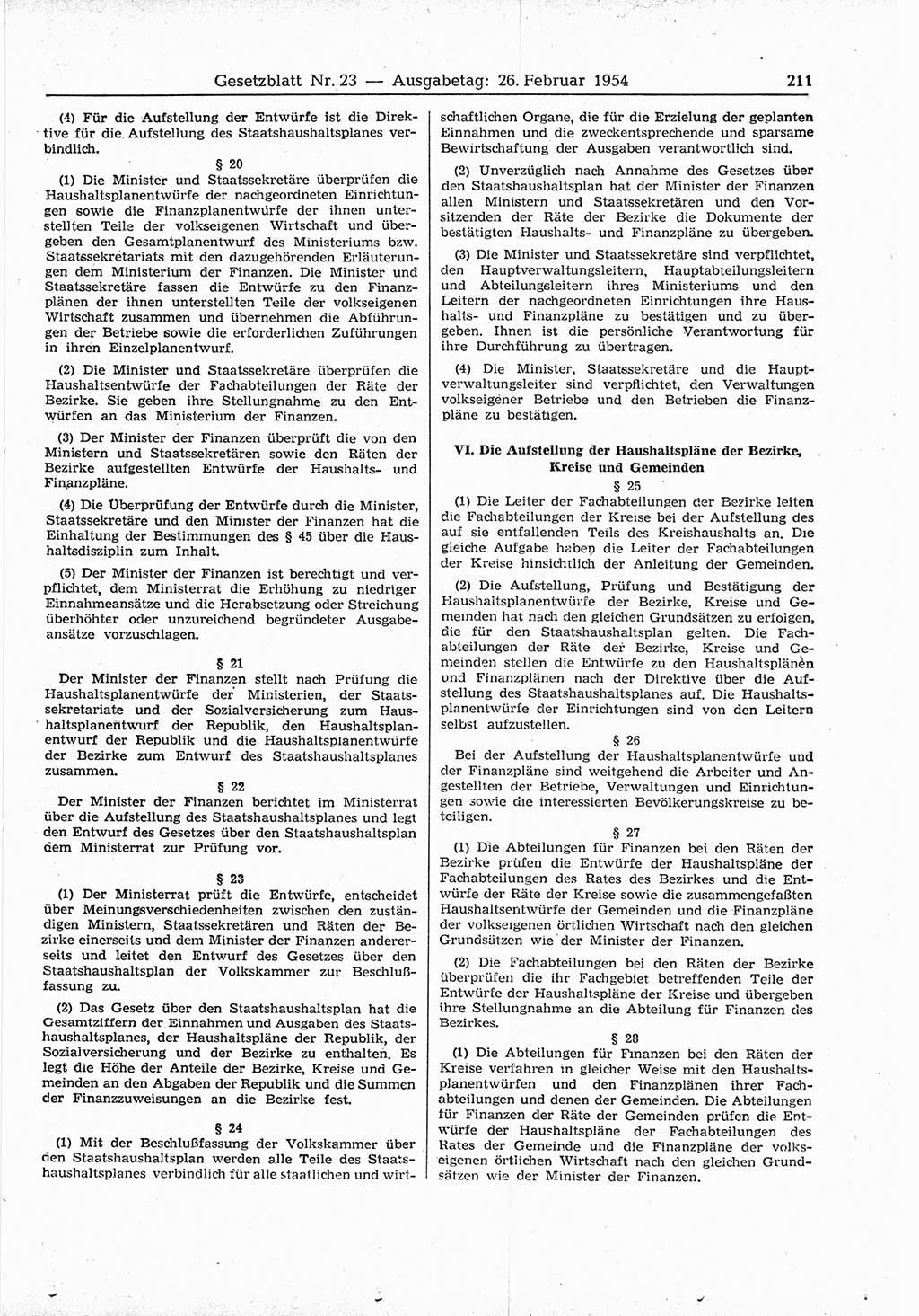 Gesetzblatt (GBl.) der Deutschen Demokratischen Republik (DDR) 1954, Seite 211 (GBl. DDR 1954, S. 211)