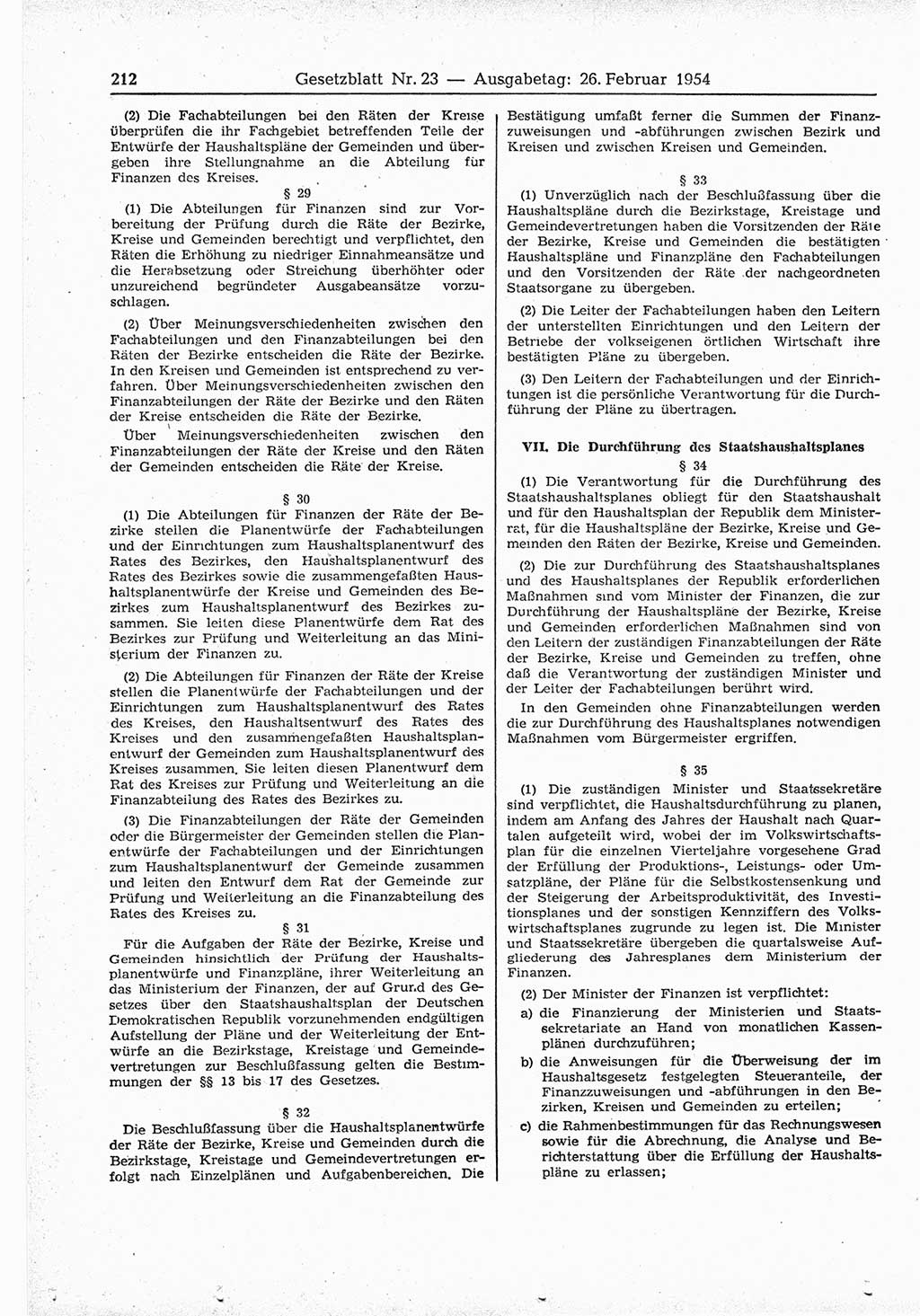 Gesetzblatt (GBl.) der Deutschen Demokratischen Republik (DDR) 1954, Seite 212 (GBl. DDR 1954, S. 212)