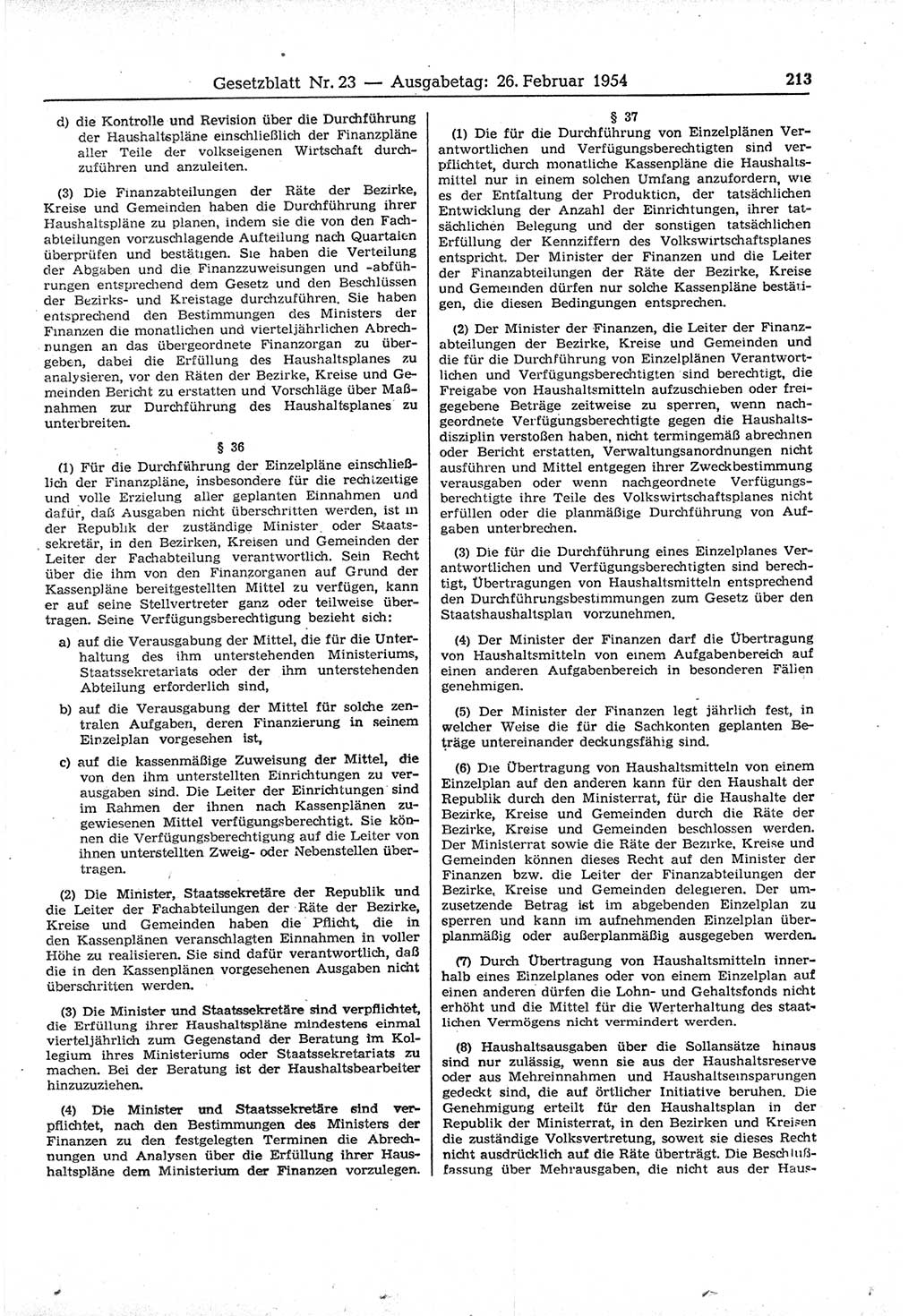 Gesetzblatt (GBl.) der Deutschen Demokratischen Republik (DDR) 1954, Seite 213 (GBl. DDR 1954, S. 213)