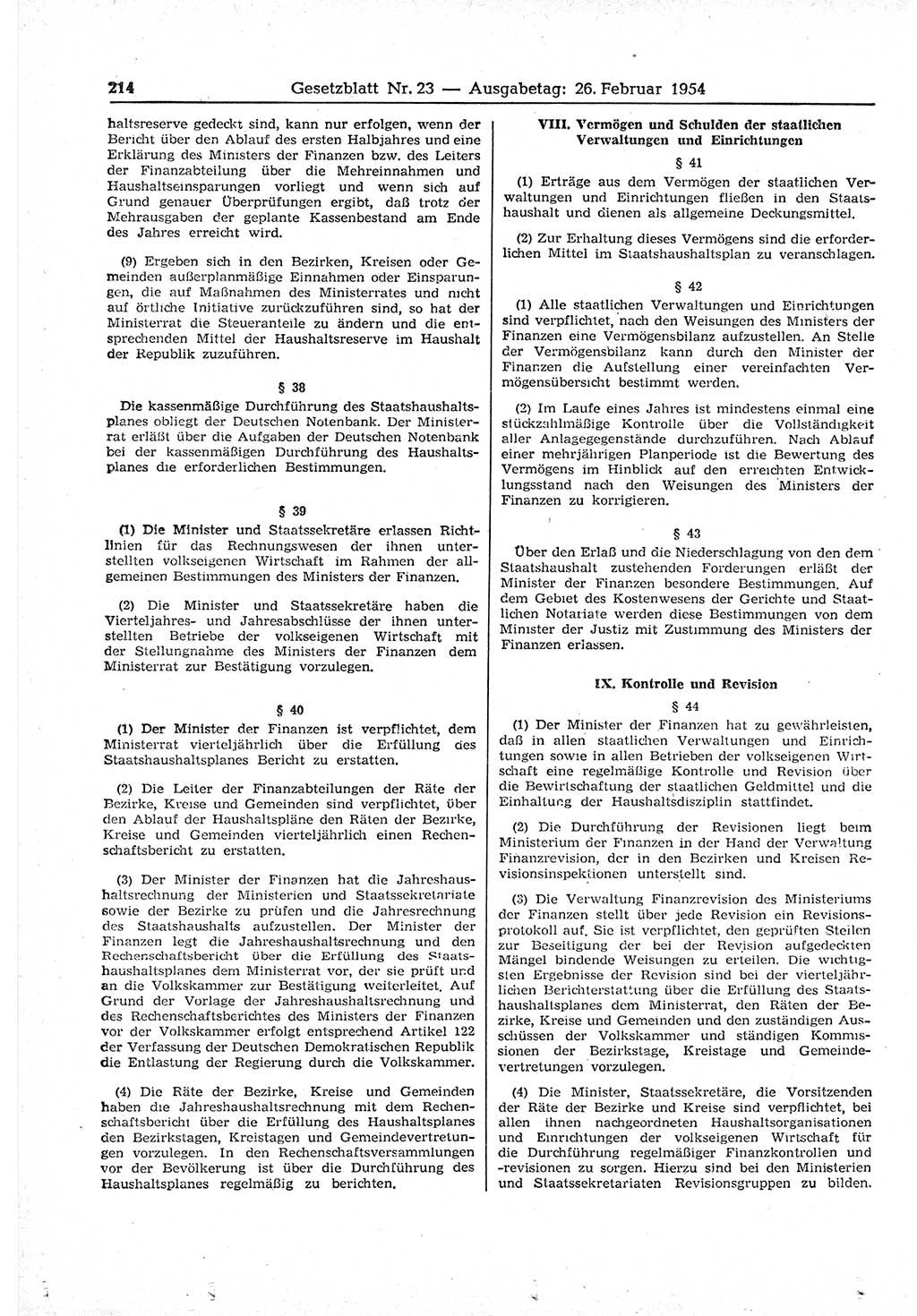 Gesetzblatt (GBl.) der Deutschen Demokratischen Republik (DDR) 1954, Seite 214 (GBl. DDR 1954, S. 214)
