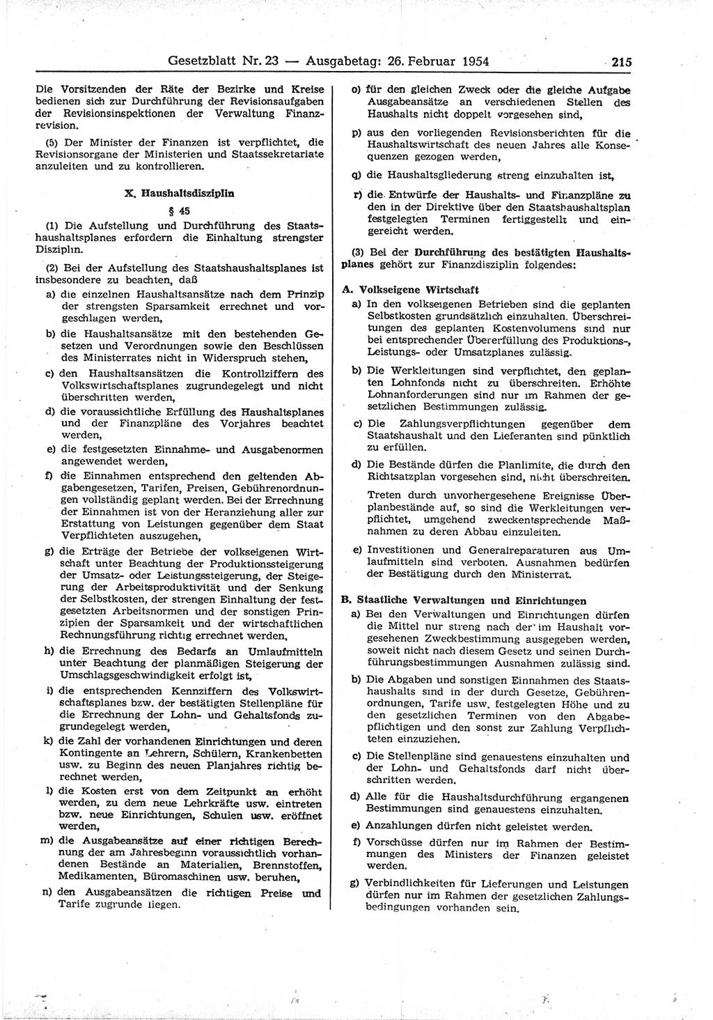 Gesetzblatt (GBl.) der Deutschen Demokratischen Republik (DDR) 1954, Seite 215 (GBl. DDR 1954, S. 215)