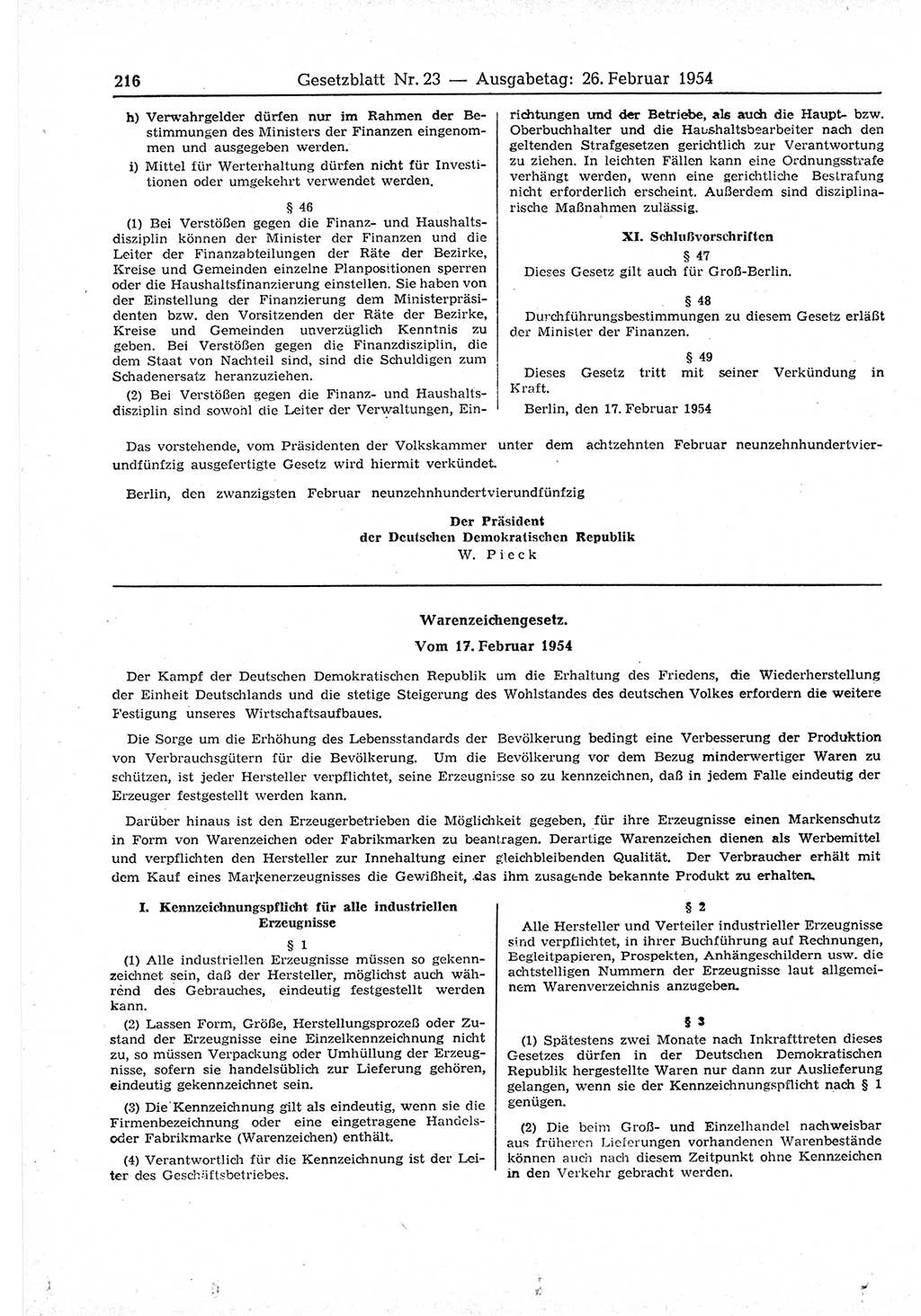 Gesetzblatt (GBl.) der Deutschen Demokratischen Republik (DDR) 1954, Seite 216 (GBl. DDR 1954, S. 216)