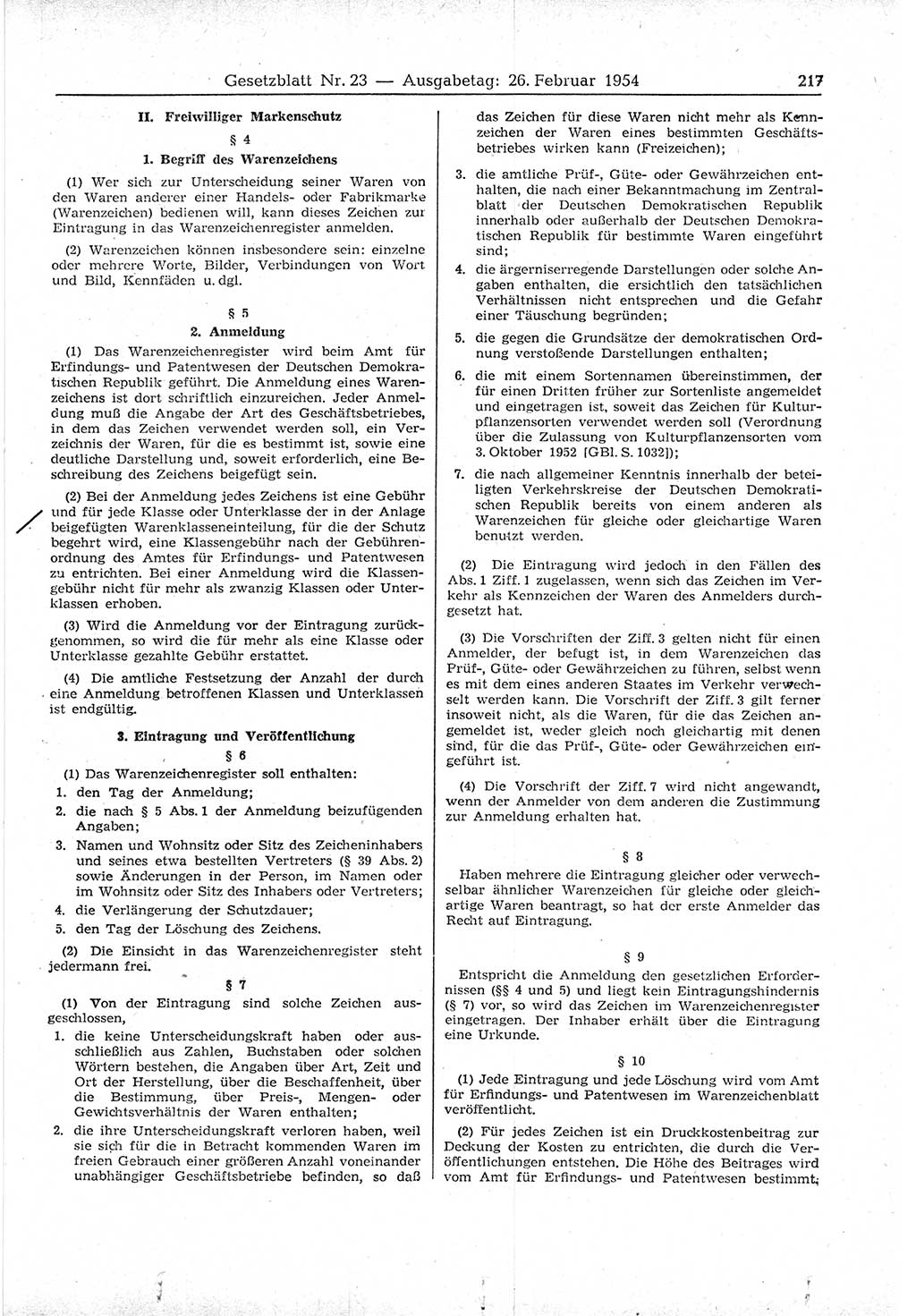 Gesetzblatt (GBl.) der Deutschen Demokratischen Republik (DDR) 1954, Seite 217 (GBl. DDR 1954, S. 217)