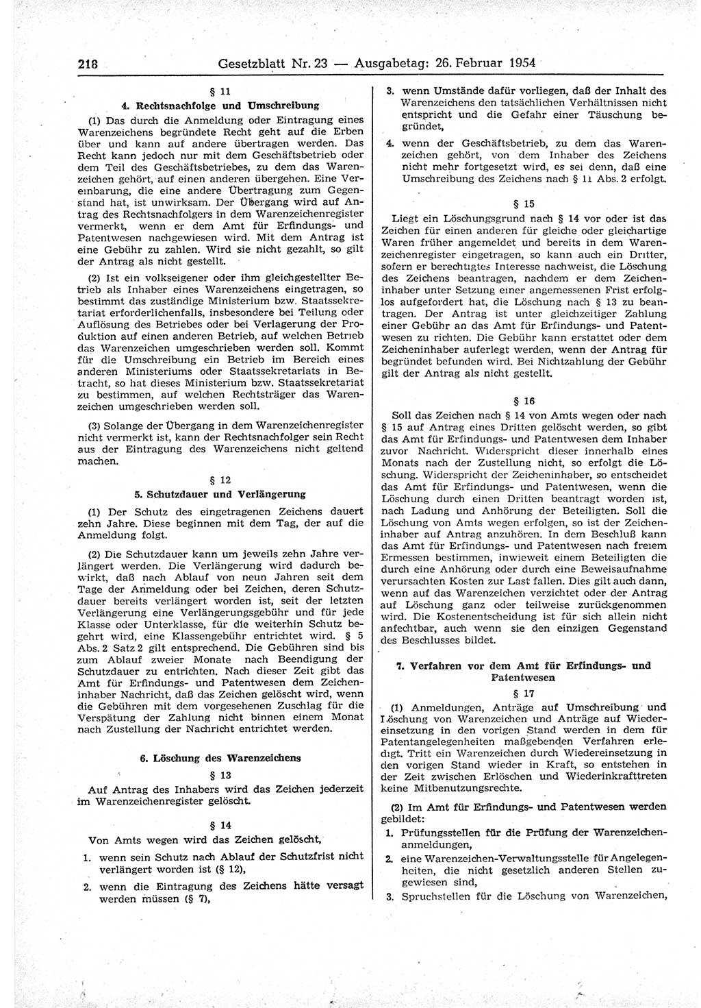 Gesetzblatt (GBl.) der Deutschen Demokratischen Republik (DDR) 1954, Seite 218 (GBl. DDR 1954, S. 218)