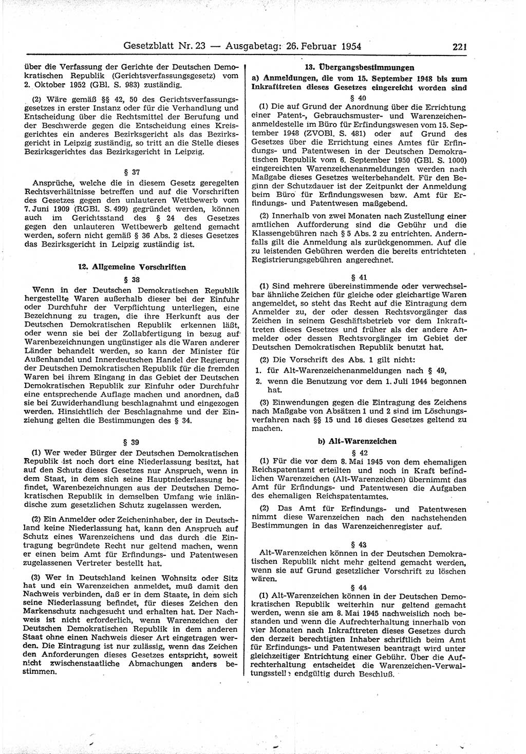 Gesetzblatt (GBl.) der Deutschen Demokratischen Republik (DDR) 1954, Seite 221 (GBl. DDR 1954, S. 221)