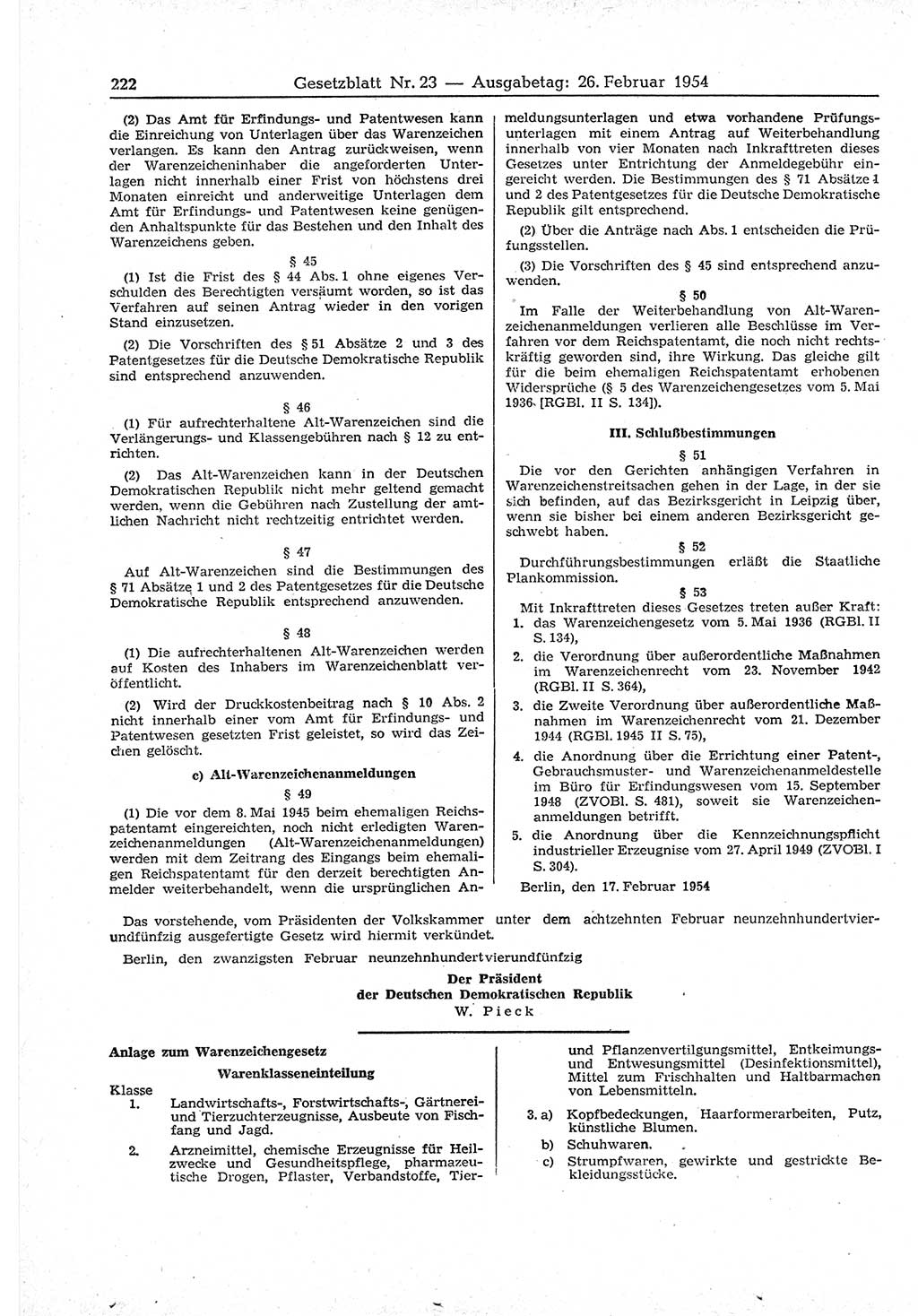 Gesetzblatt (GBl.) der Deutschen Demokratischen Republik (DDR) 1954, Seite 222 (GBl. DDR 1954, S. 222)