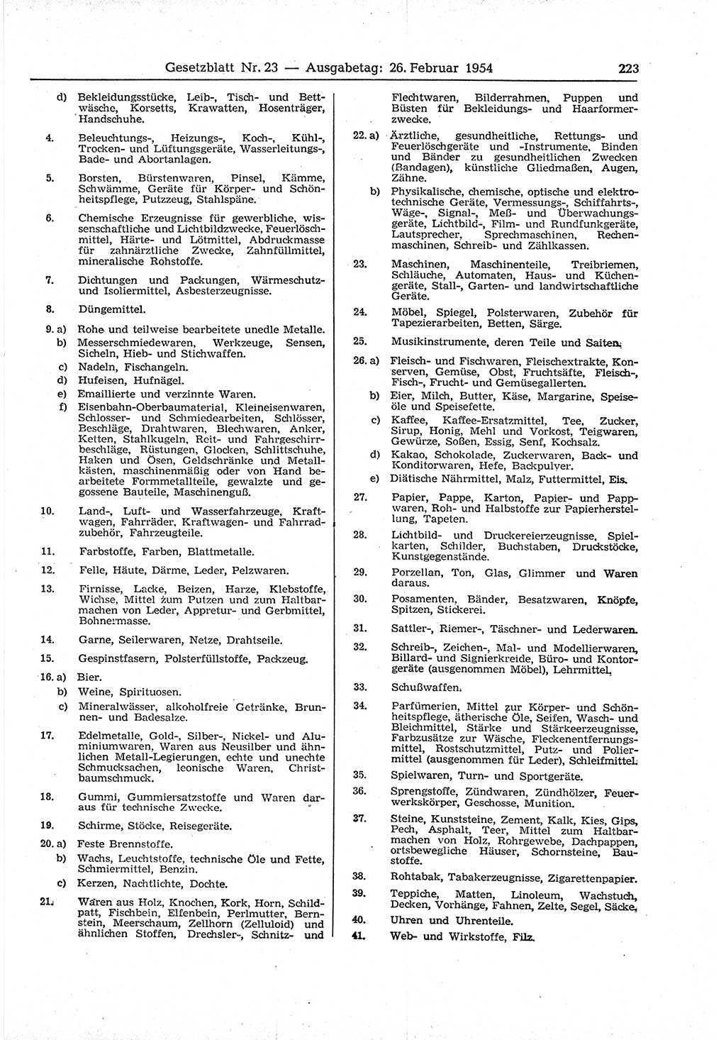 Gesetzblatt (GBl.) der Deutschen Demokratischen Republik (DDR) 1954, Seite 223 (GBl. DDR 1954, S. 223)