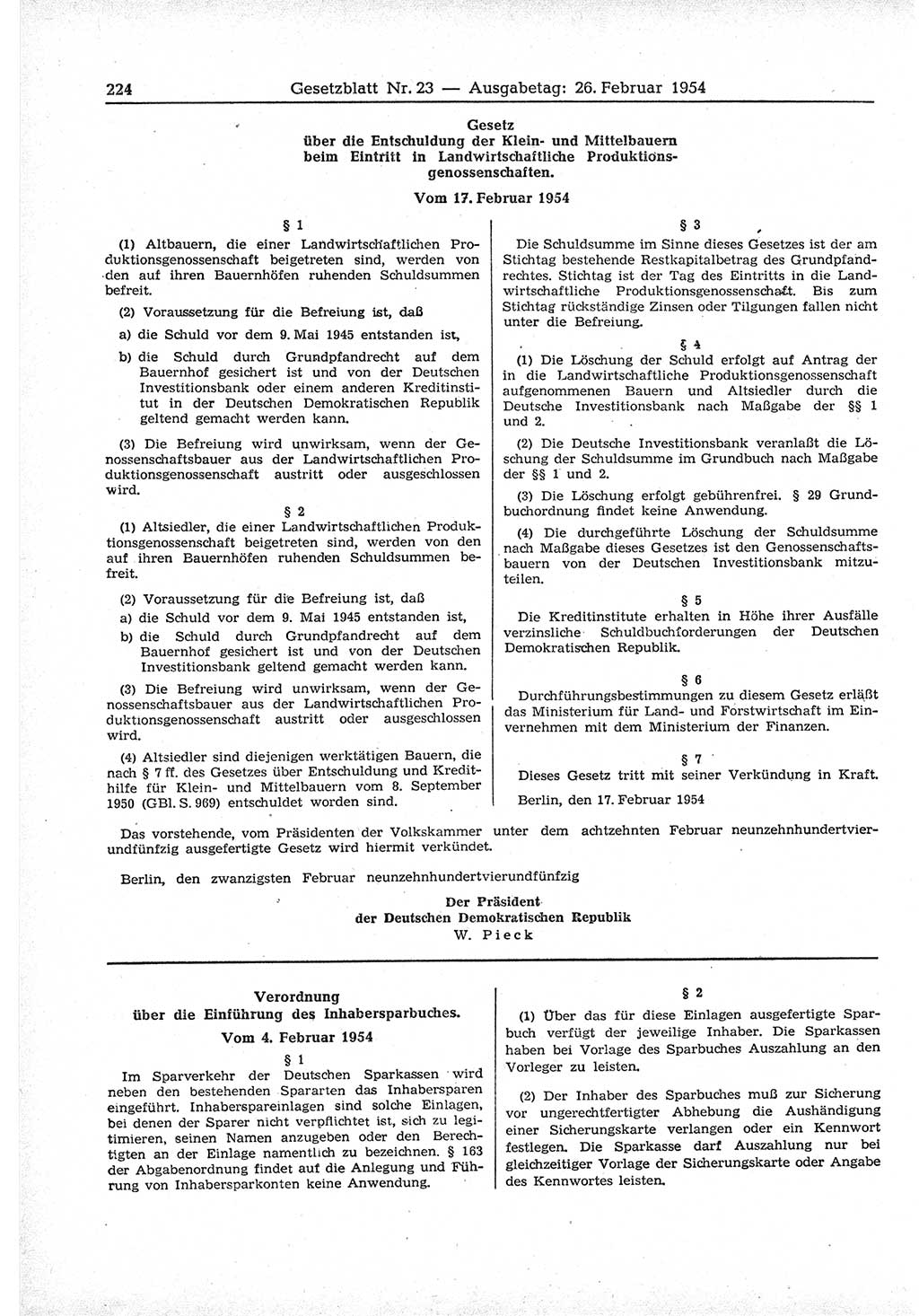 Gesetzblatt (GBl.) der Deutschen Demokratischen Republik (DDR) 1954, Seite 224 (GBl. DDR 1954, S. 224)