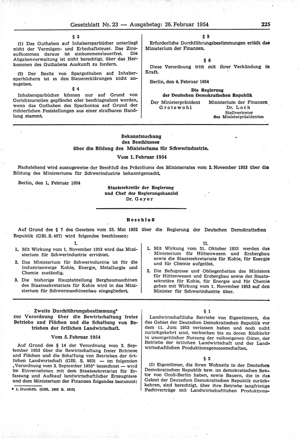 Gesetzblatt (GBl.) der Deutschen Demokratischen Republik (DDR) 1954, Seite 225 (GBl. DDR 1954, S. 225)