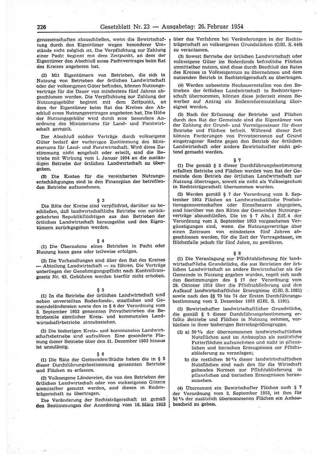 Gesetzblatt (GBl.) der Deutschen Demokratischen Republik (DDR) 1954, Seite 226 (GBl. DDR 1954, S. 226)