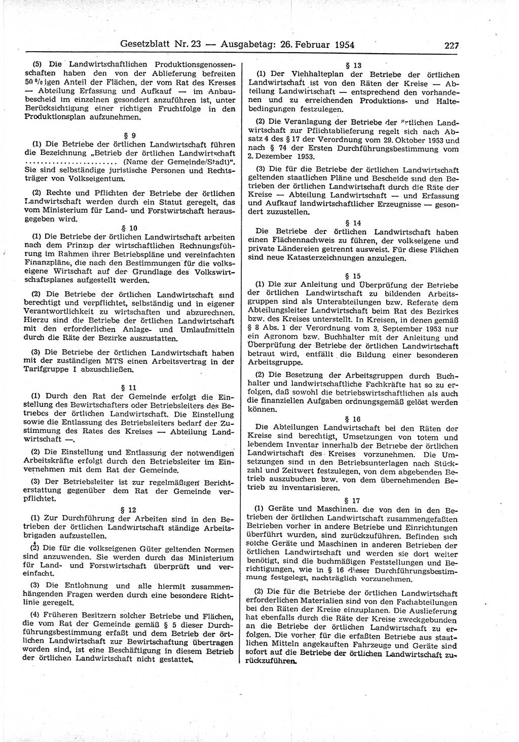 Gesetzblatt (GBl.) der Deutschen Demokratischen Republik (DDR) 1954, Seite 227 (GBl. DDR 1954, S. 227)