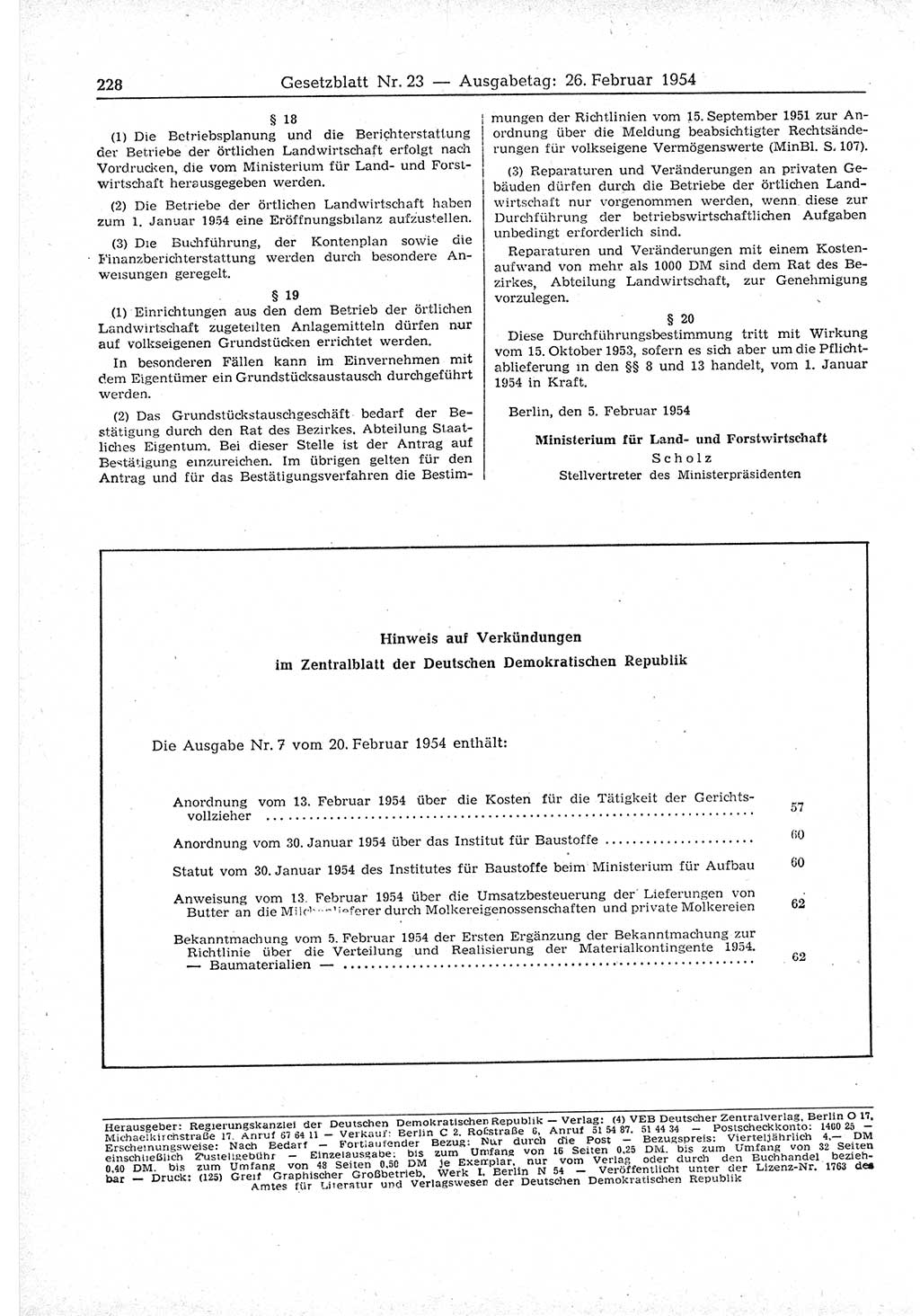 Gesetzblatt (GBl.) der Deutschen Demokratischen Republik (DDR) 1954, Seite 228 (GBl. DDR 1954, S. 228)