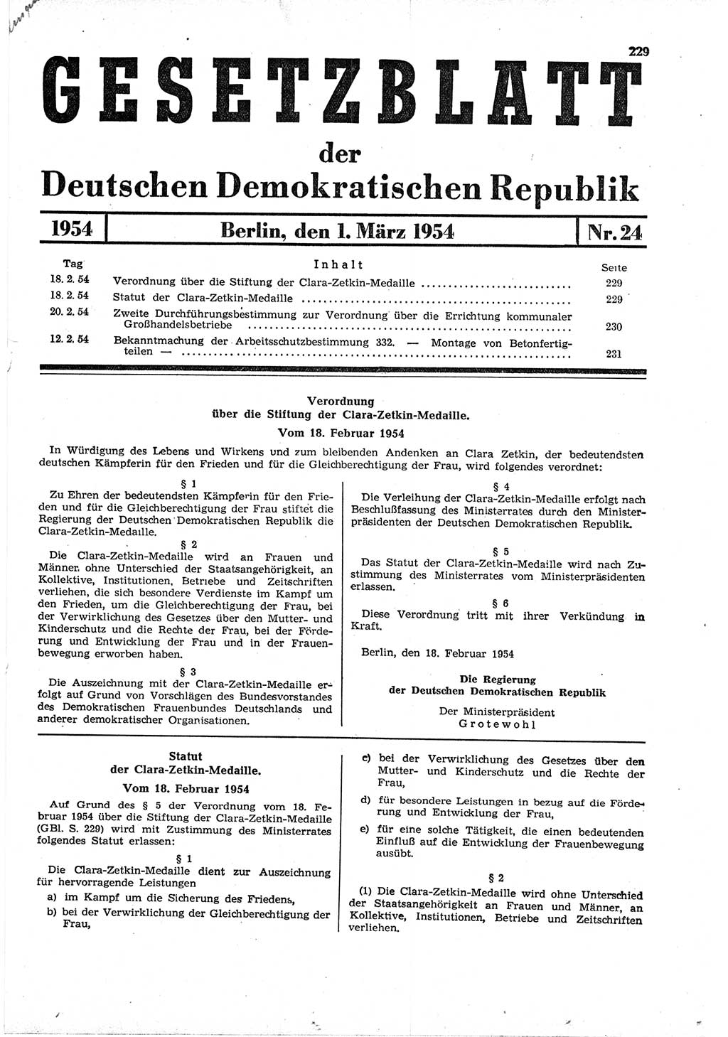 Gesetzblatt (GBl.) der Deutschen Demokratischen Republik (DDR) 1954, Seite 229 (GBl. DDR 1954, S. 229)
