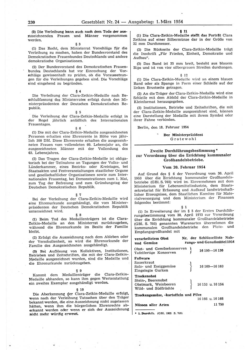 Gesetzblatt (GBl.) der Deutschen Demokratischen Republik (DDR) 1954, Seite 230 (GBl. DDR 1954, S. 230)