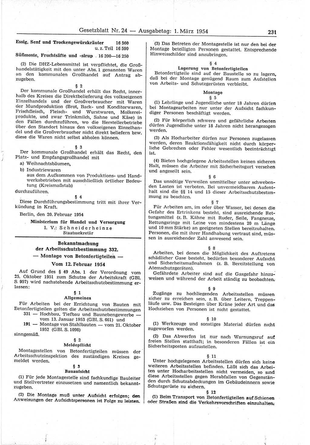 Gesetzblatt (GBl.) der Deutschen Demokratischen Republik (DDR) 1954, Seite 231 (GBl. DDR 1954, S. 231)