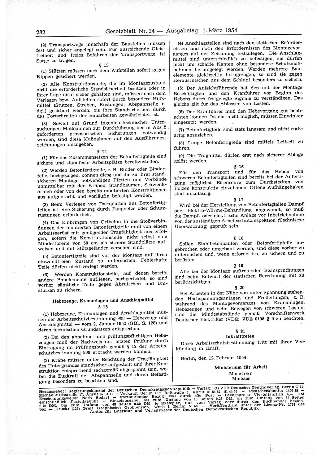 Gesetzblatt (GBl.) der Deutschen Demokratischen Republik (DDR) 1954, Seite 232 (GBl. DDR 1954, S. 232)