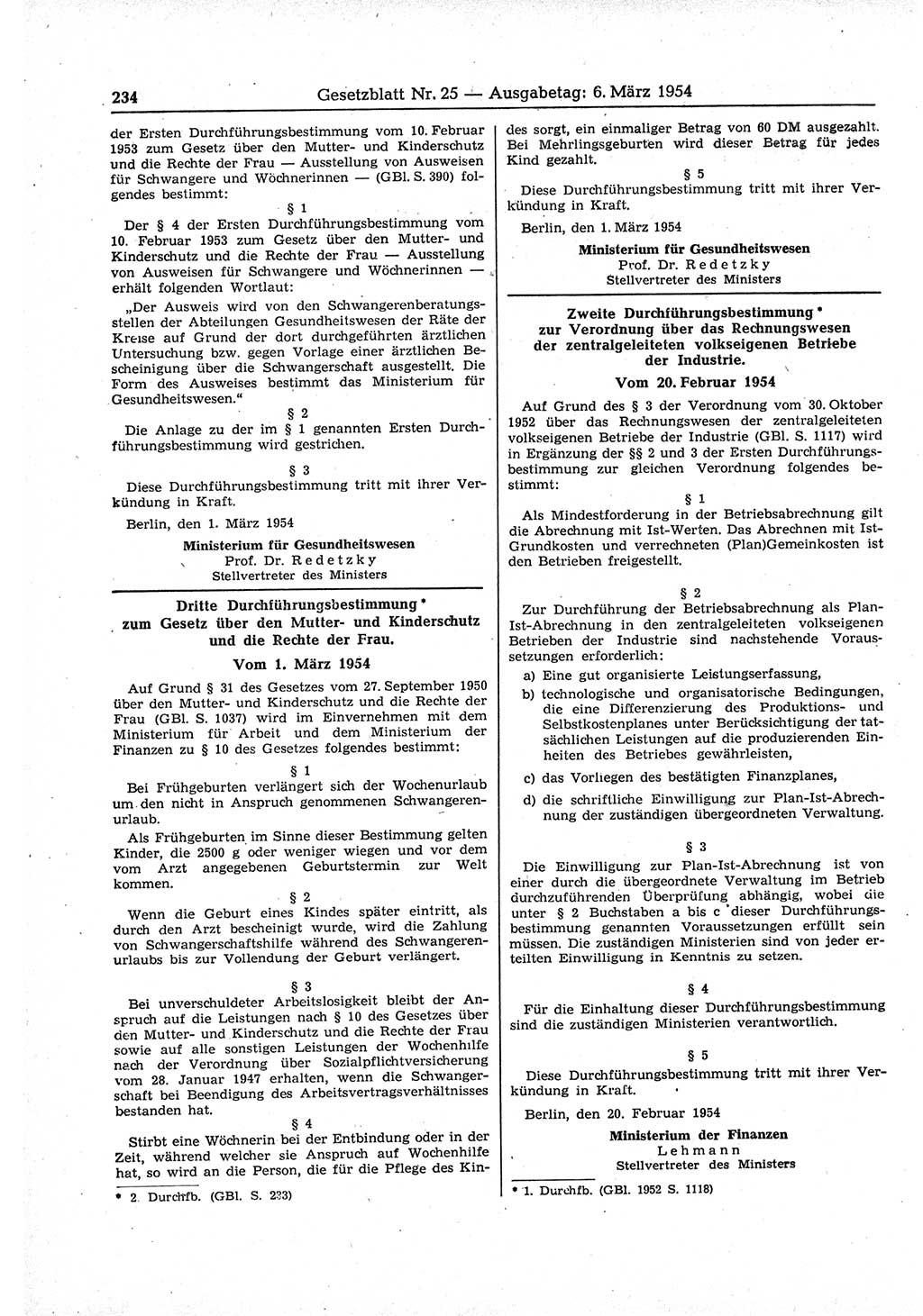Gesetzblatt (GBl.) der Deutschen Demokratischen Republik (DDR) 1954, Seite 234 (GBl. DDR 1954, S. 234)