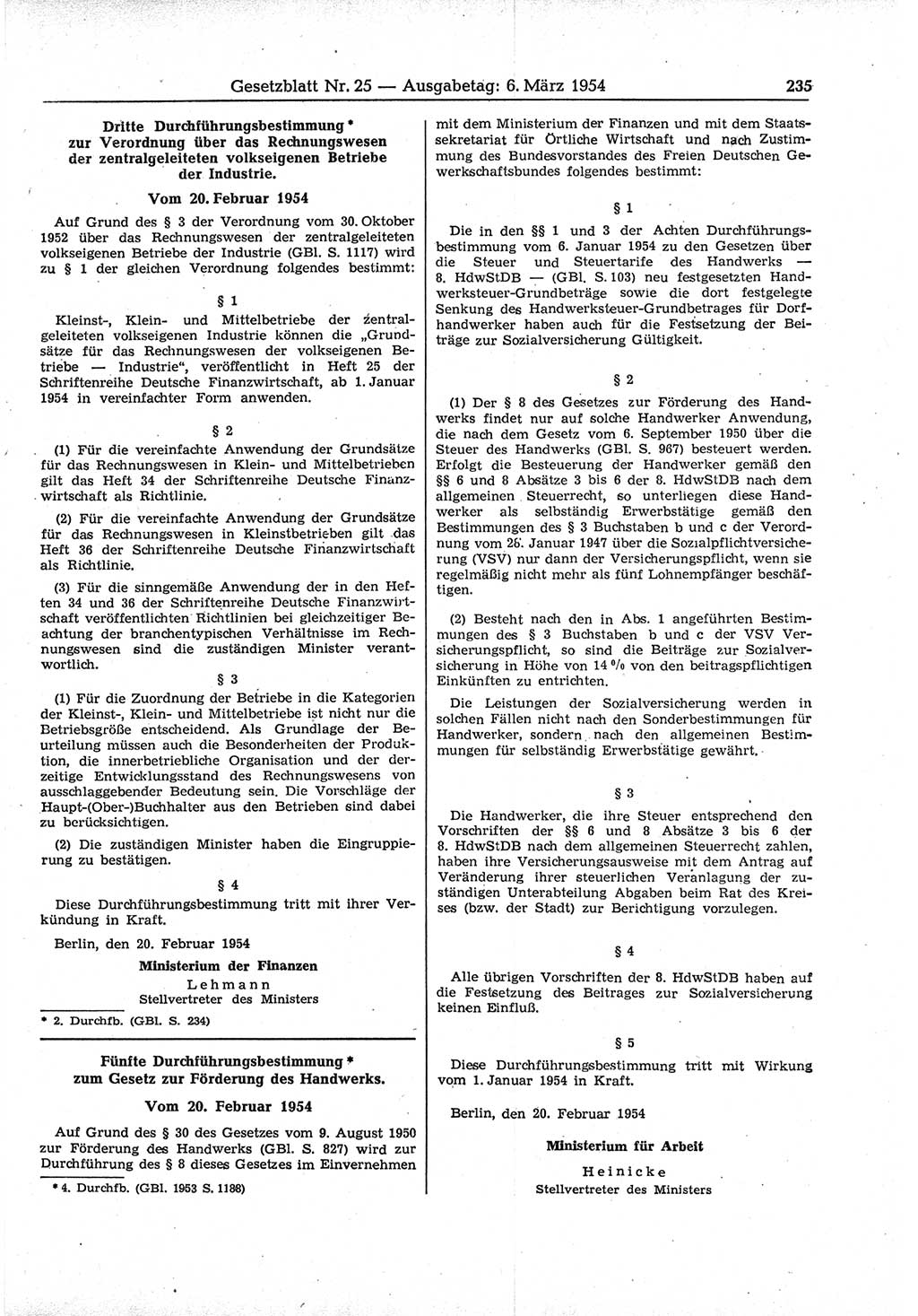 Gesetzblatt (GBl.) der Deutschen Demokratischen Republik (DDR) 1954, Seite 235 (GBl. DDR 1954, S. 235)
